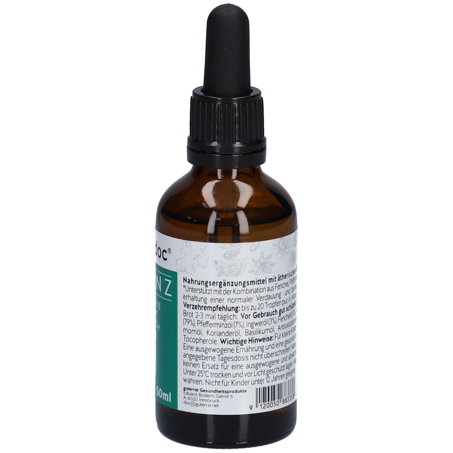 Braune Glasflasche mit schwarzem Tropfer. Aufschrift: gasterodoc Essenz. Grün-weißes Etikett mit Text und Logo. 50ml.