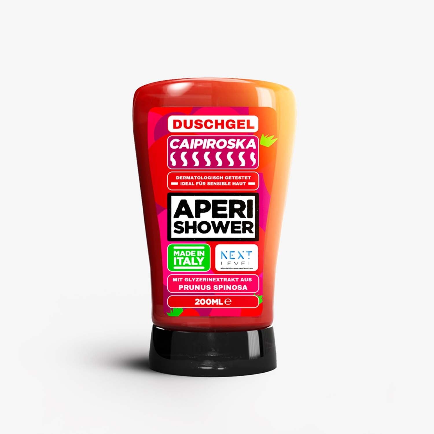 Gel douche rouge dans une bouteille transparente avec base noire. Étiquette avec nom du produit et détails.