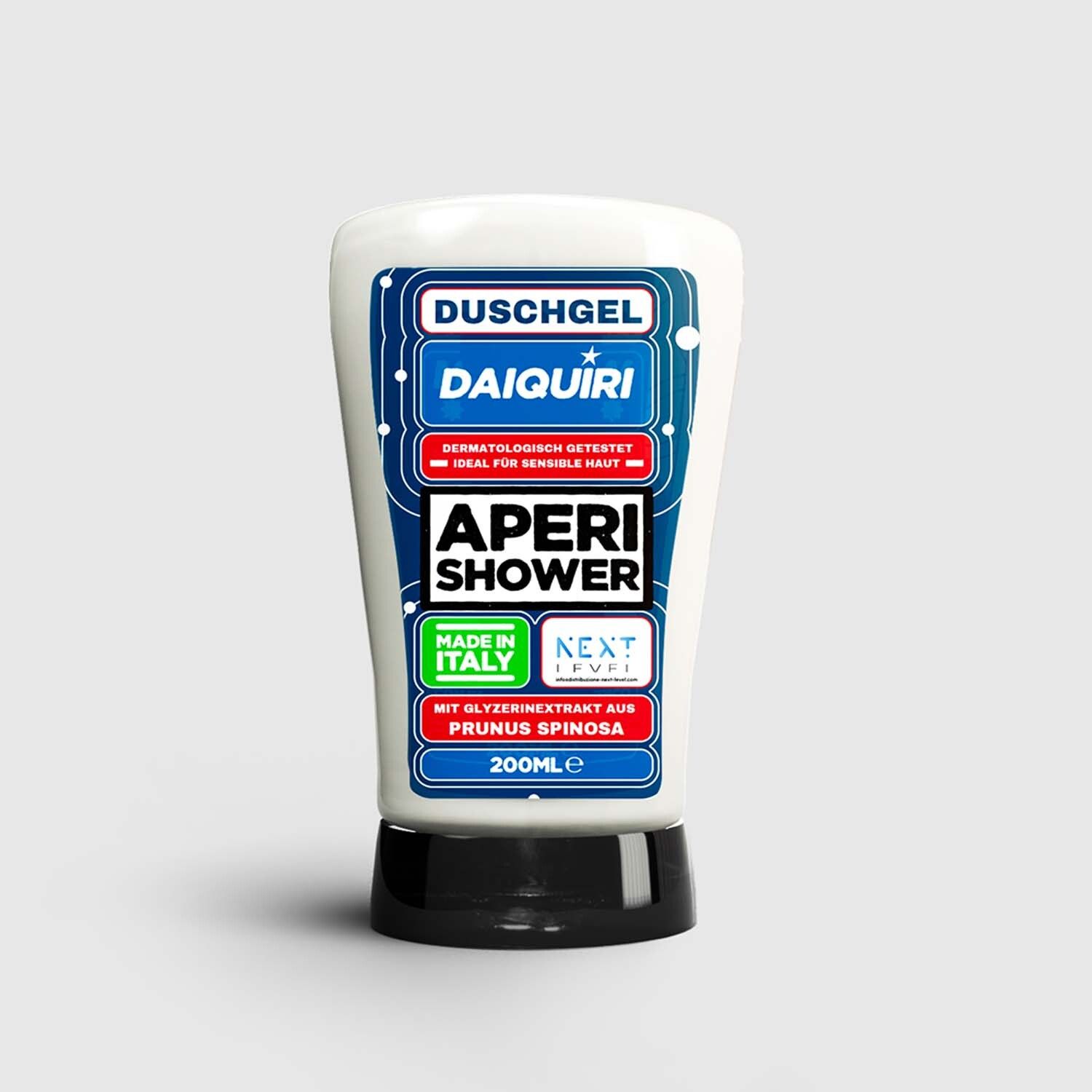 Weißes Duschgel-Fläschchen mit schwarzem Boden. Aufschrift: Duschgel Daiquiri, Aperishower. Made in Italy.