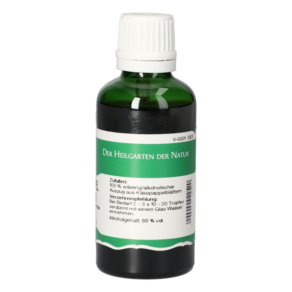 Flacon en verre vert avec bouchon blanc. Étiquette avec informations sur le produit. Gouttes. 50 ml.