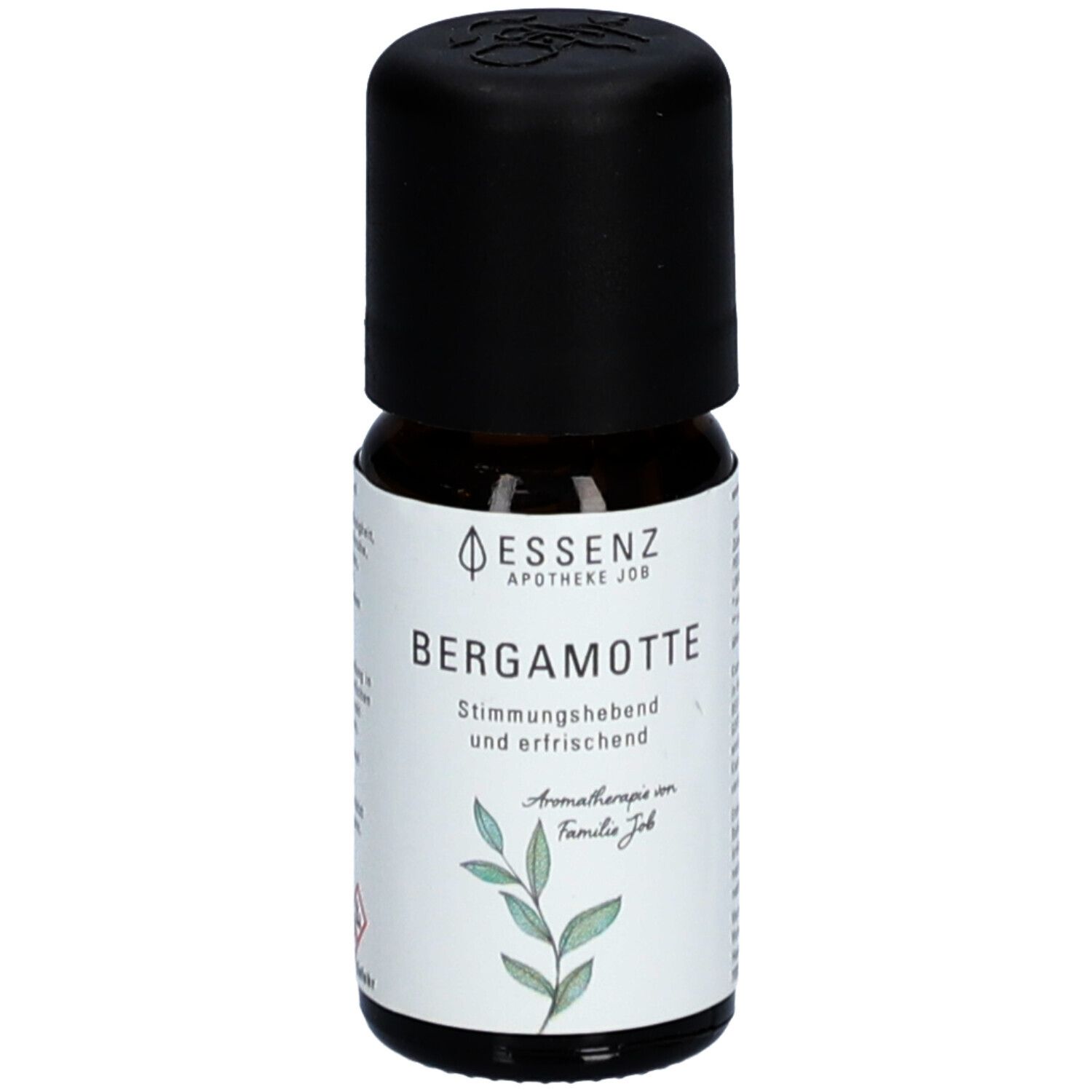 Flacon en verre brun avec bouchon noir. Étiquette "Essenz Apotheke Job Bergamotte".