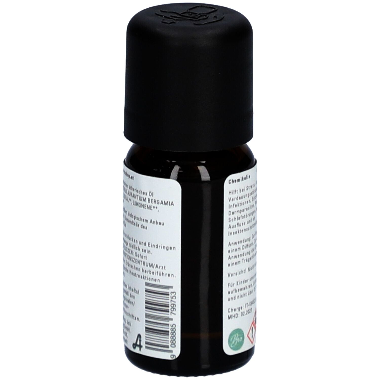 Flacon en verre brun avec bouchon noir. Étiquette avec ingrédients et informations fabricant.