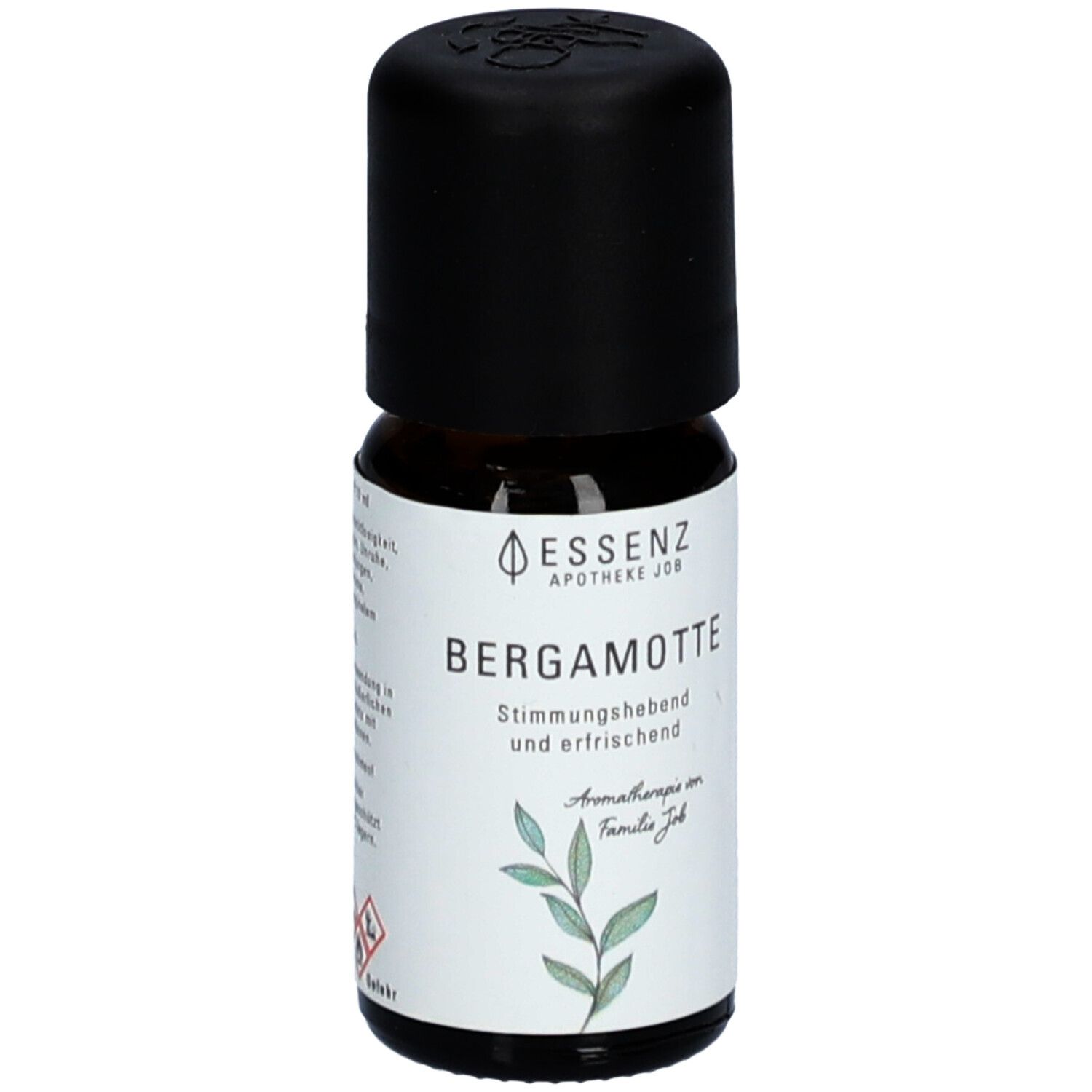 Flacon en verre brun avec bouchon noir. Étiquette "Essenz Apotheke Job Bergamotte".