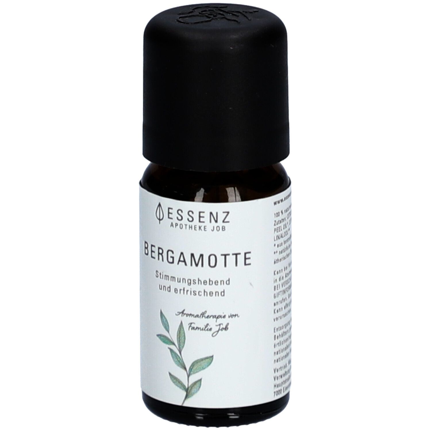 Flacon en verre brun avec bouchon noir. Étiquette "Essenz Apotheke Job Bergamotte".