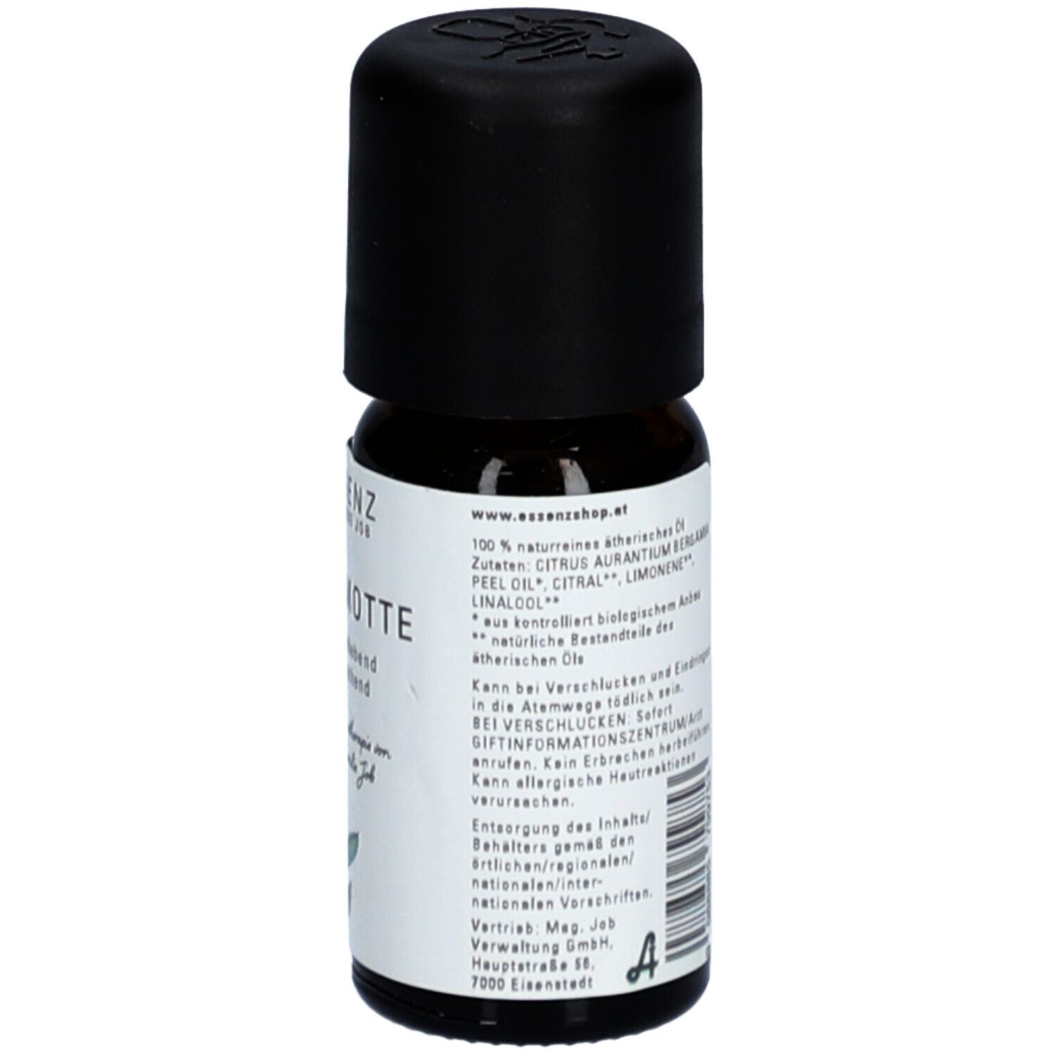 Flacon en verre brun avec bouchon noir. Étiquette avec ingrédients et informations fabricant.