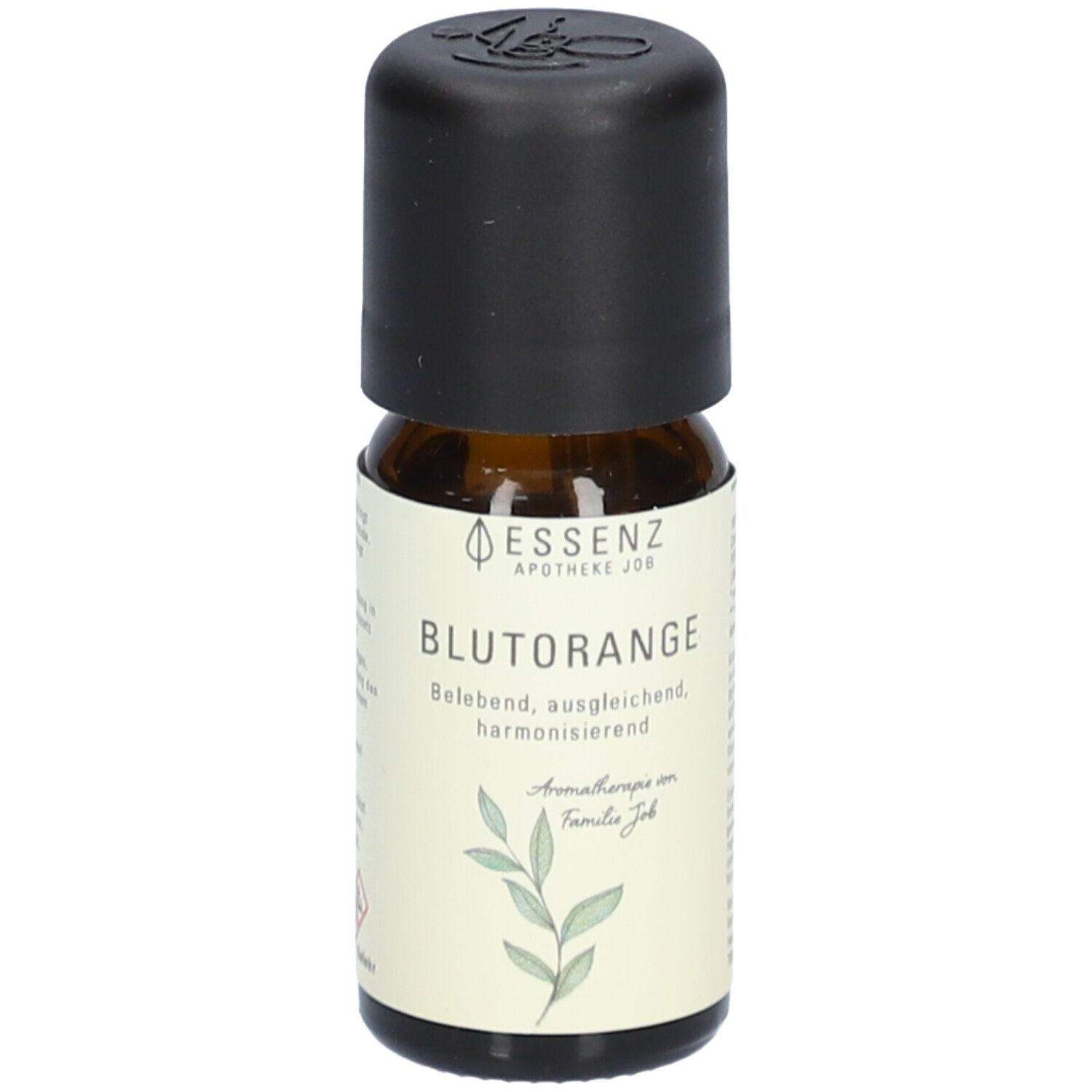 Braune Glasflasche mit schwarzem Deckel. Aufschrift: BLUTORANGE, Essenz Apotheke Job. Etikett mit Blättern.