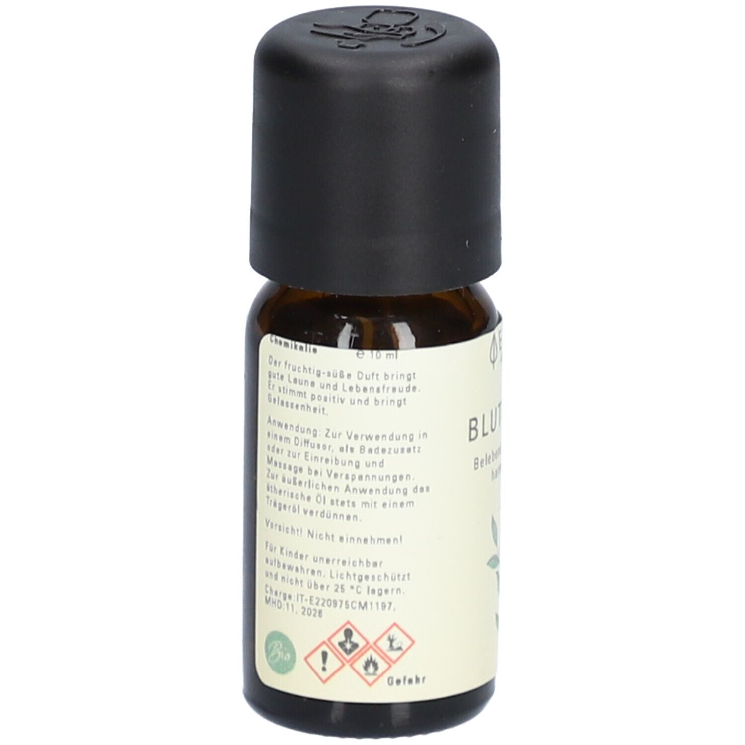 Braune Glasflasche mit schwarzem Deckel. Etikett mit Text und Piktogrammen. Essenz Apotheke Job, Blutorange.