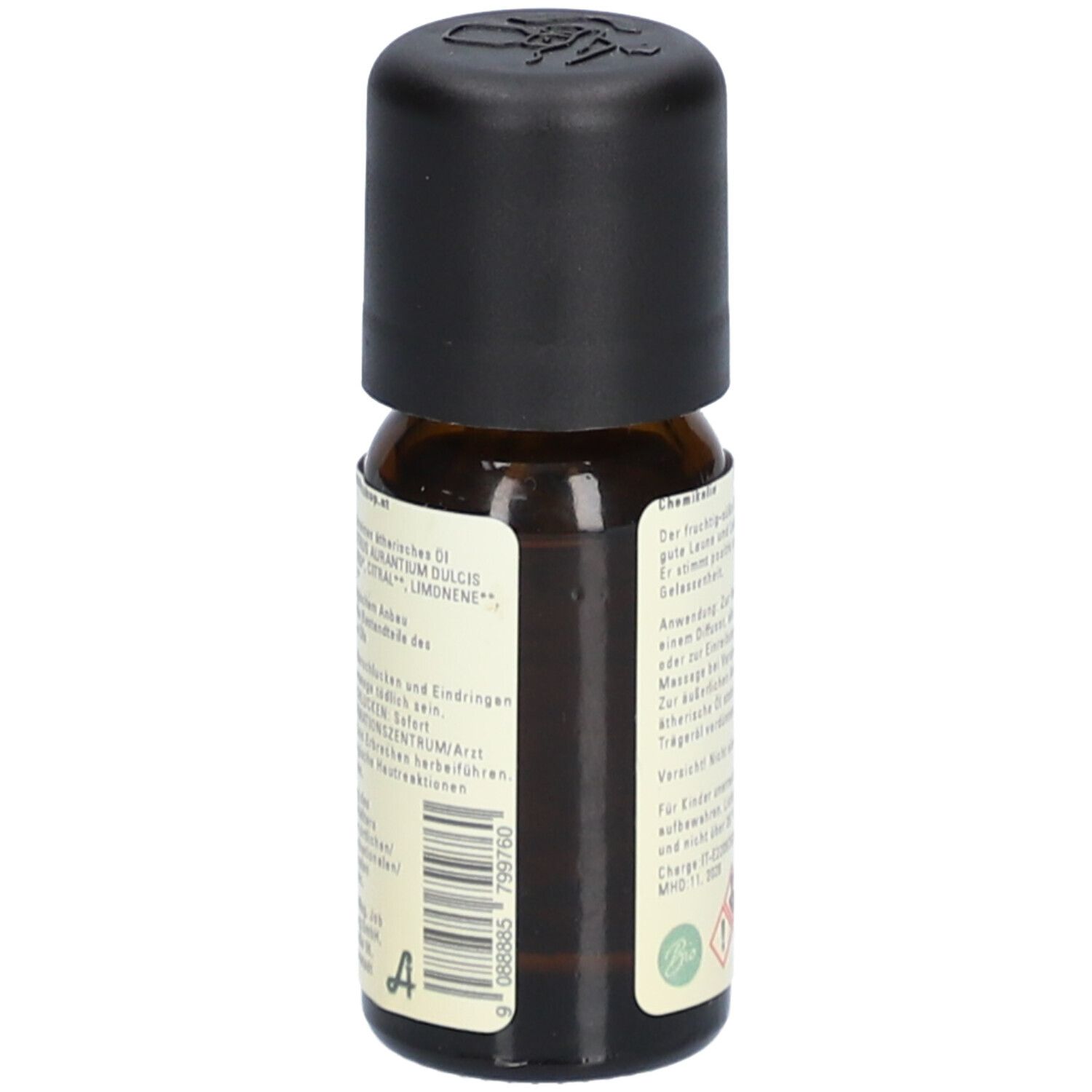 Braune Glasflasche mit schwarzem Deckel. Etikett mit Text und Piktogrammen. Essenz Apotheke Job, Blutorange.