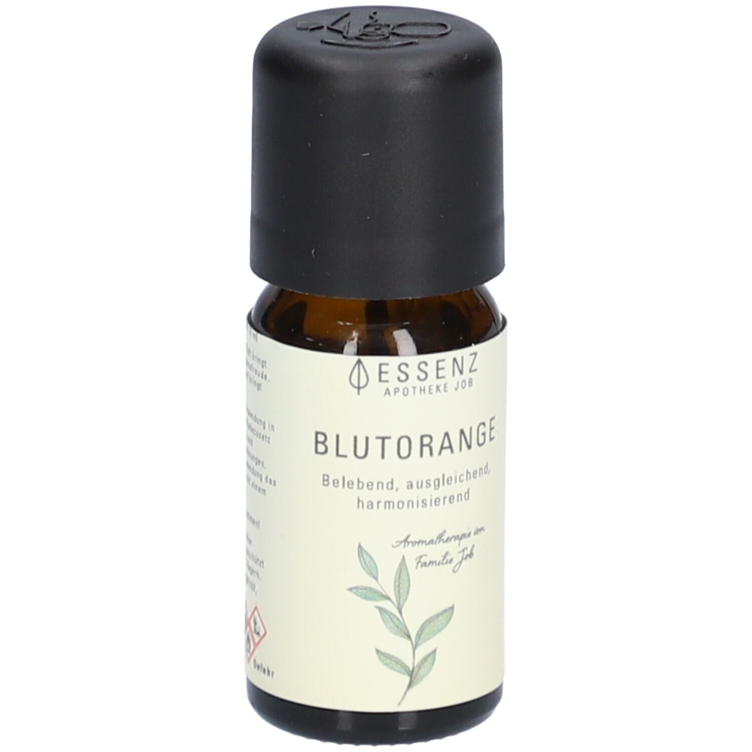 Braune Glasflasche mit schwarzem Deckel. Aufschrift: BLUTORANGE, Essenz Apotheke Job. Etikett mit Blättern.