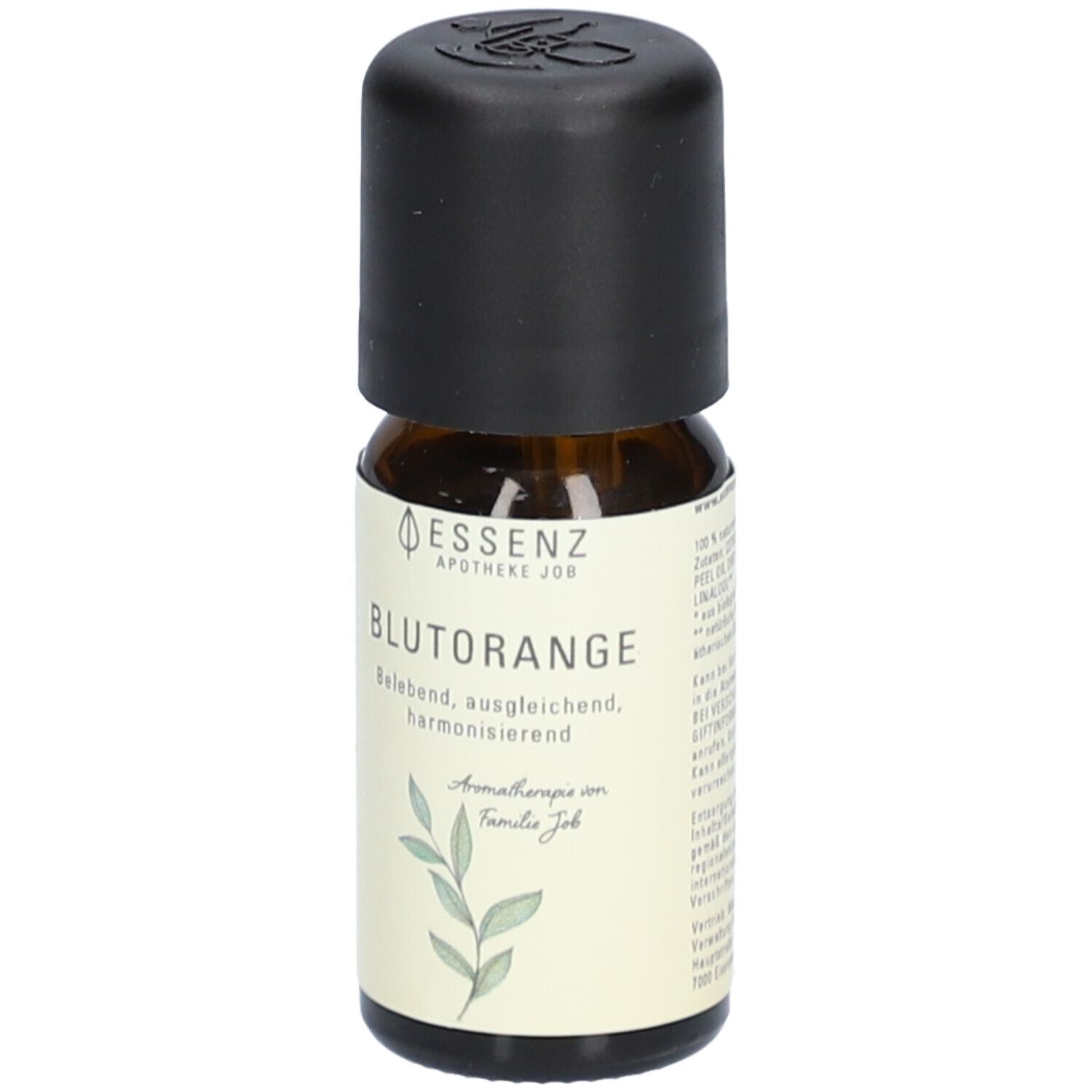 Braune Glasflasche mit schwarzem Deckel. Aufschrift: BLUTORANGE, Essenz Apotheke Job. Etikett mit Blättern.