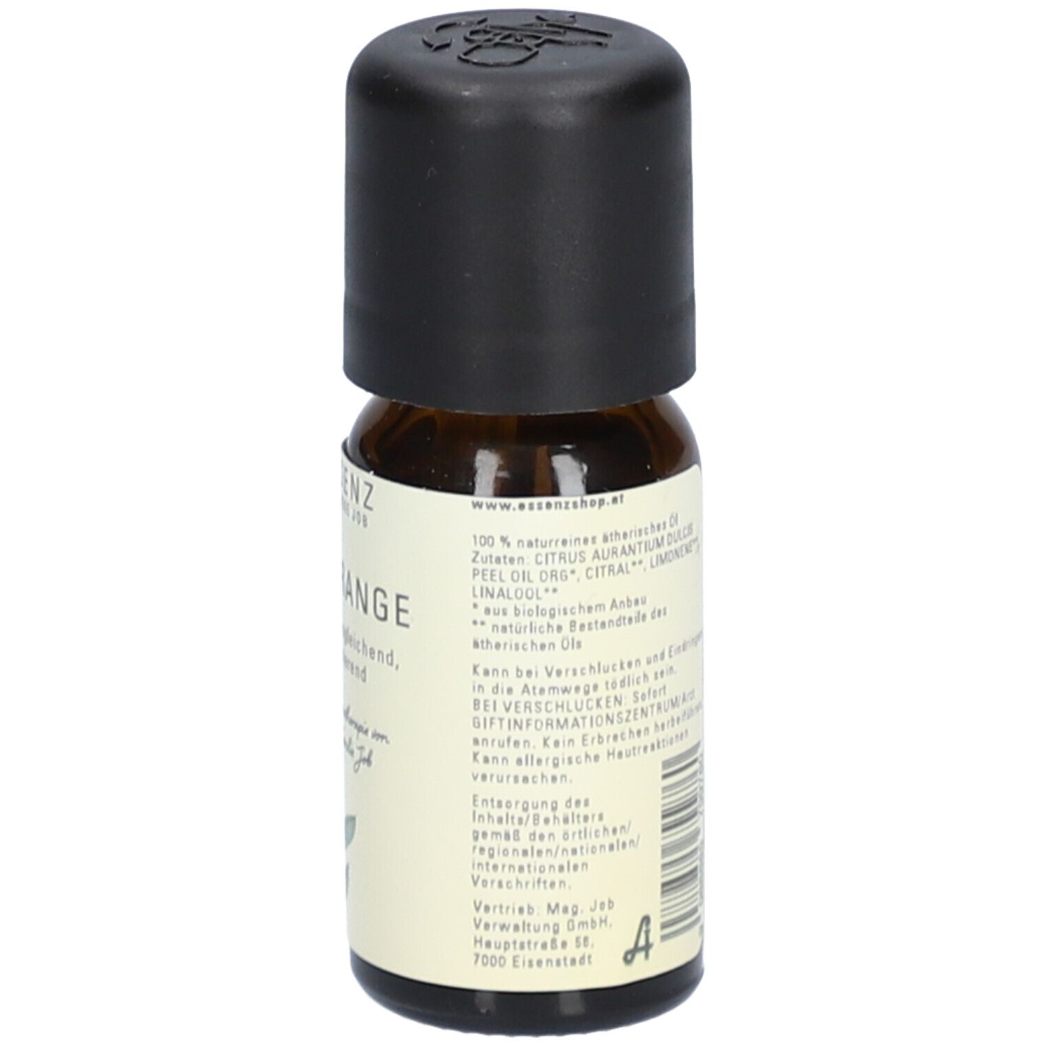 Braune Glasflasche mit schwarzem Deckel. Etikett mit Text. Essenz Apotheke Job, Blutorange. Inhaltsstoffe.