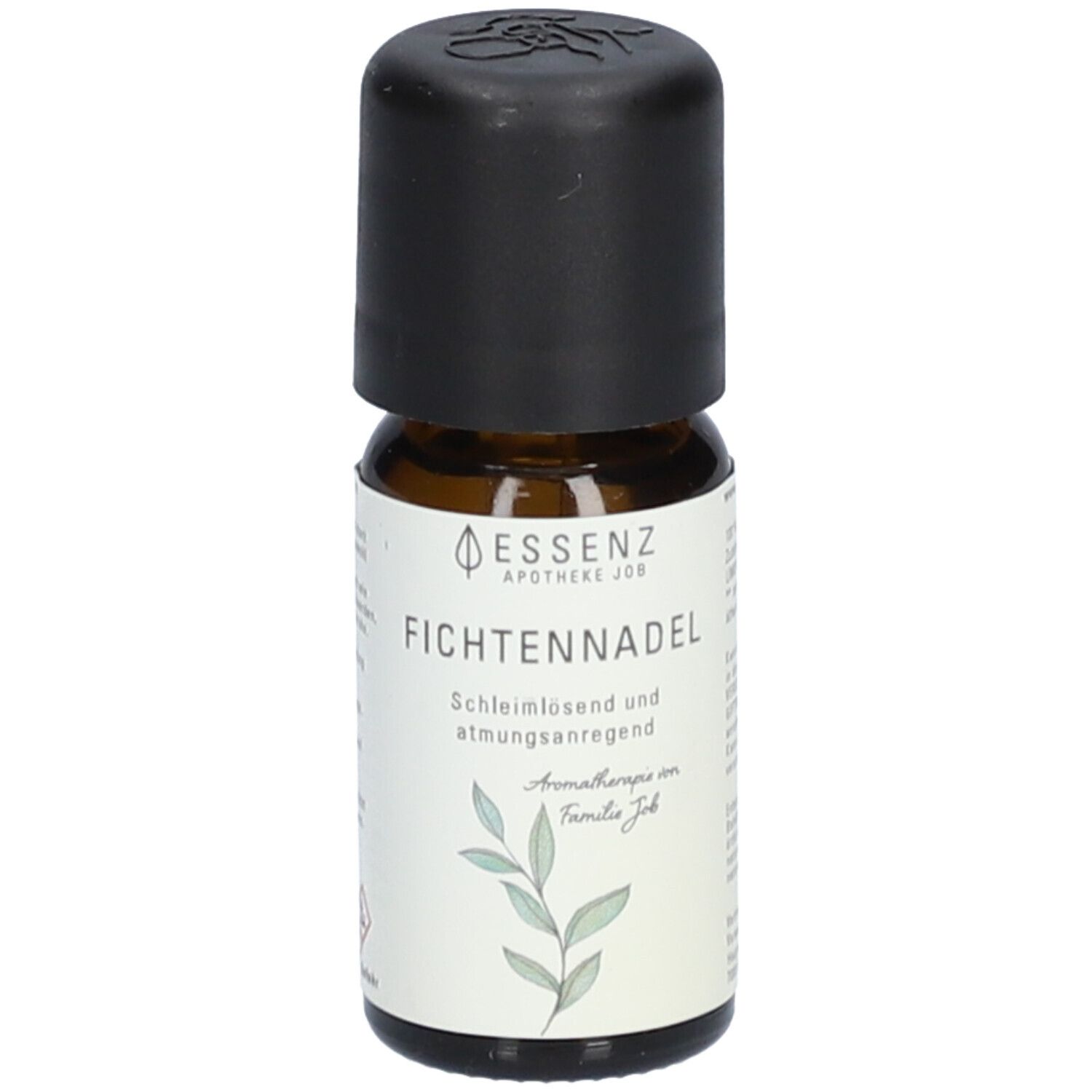 Flacon en verre brun avec bouchon noir. Étiquette avec nom du produit Fichtennadel et logo Essenz Apotheke Job.