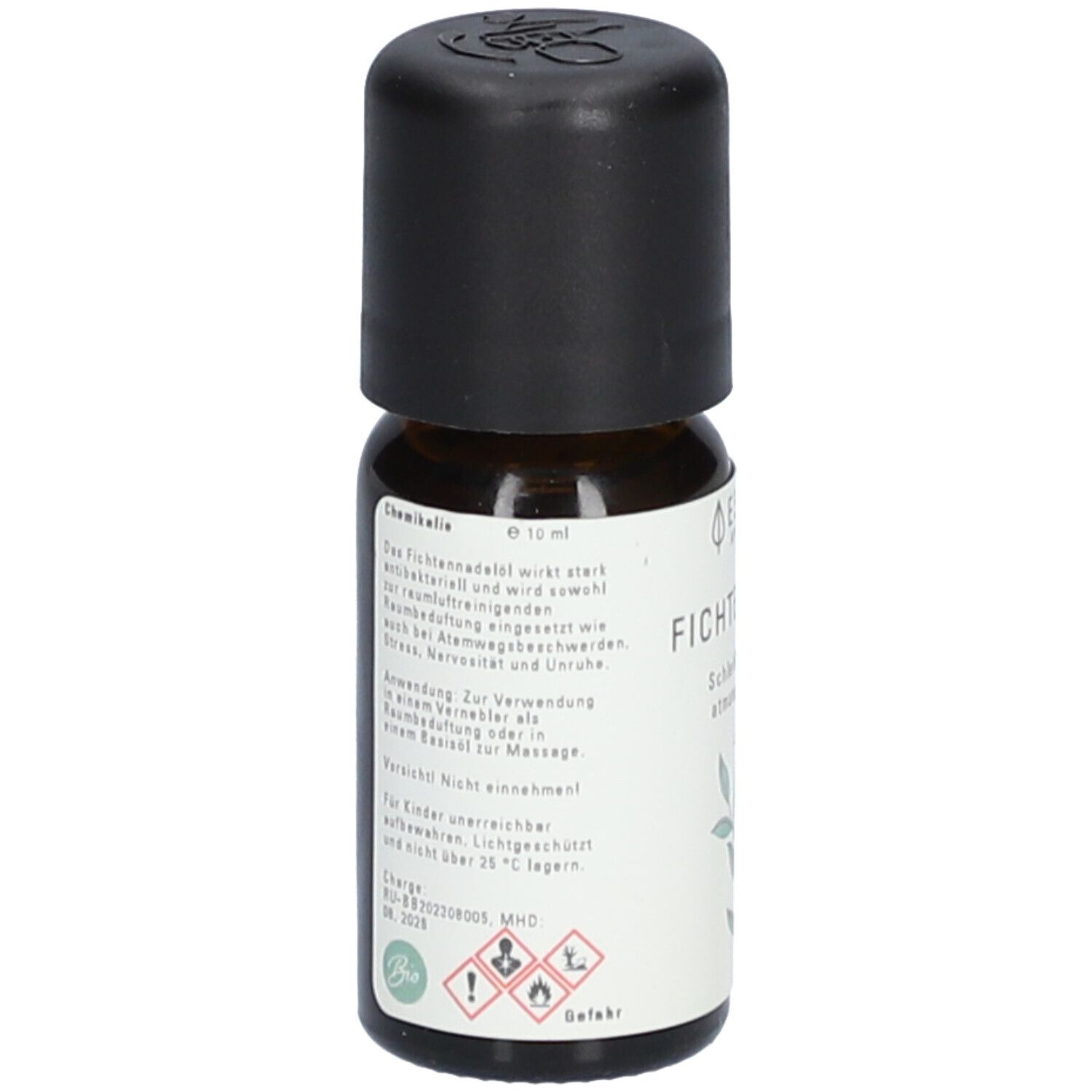 Flacon en verre brun avec bouchon noir. Étiquette avec informations sur le produit, dont Fichtennadel et symboles de danger.