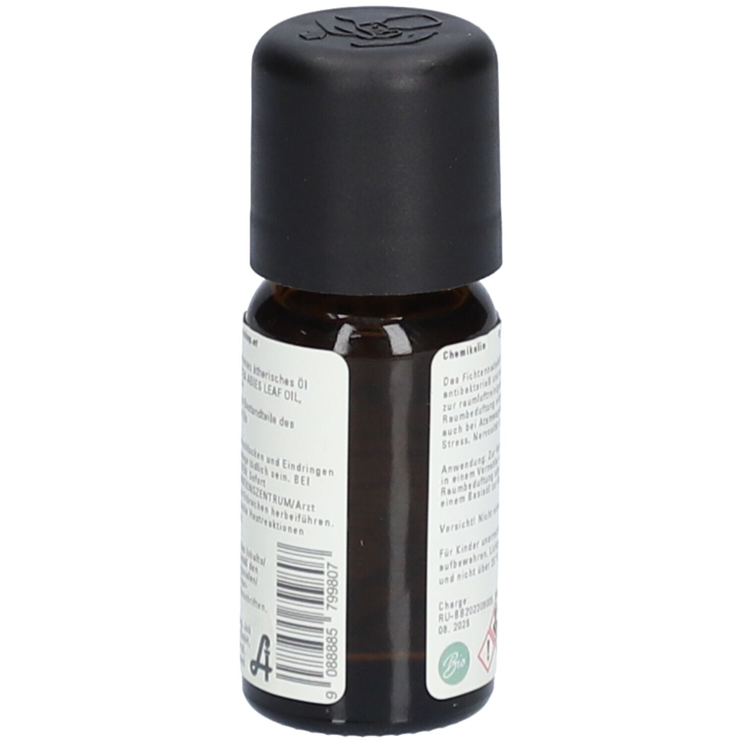 Flacon en verre brun avec bouchon noir. Étiquette avec informations sur le produit, dont ingrédients et numéro de lot.