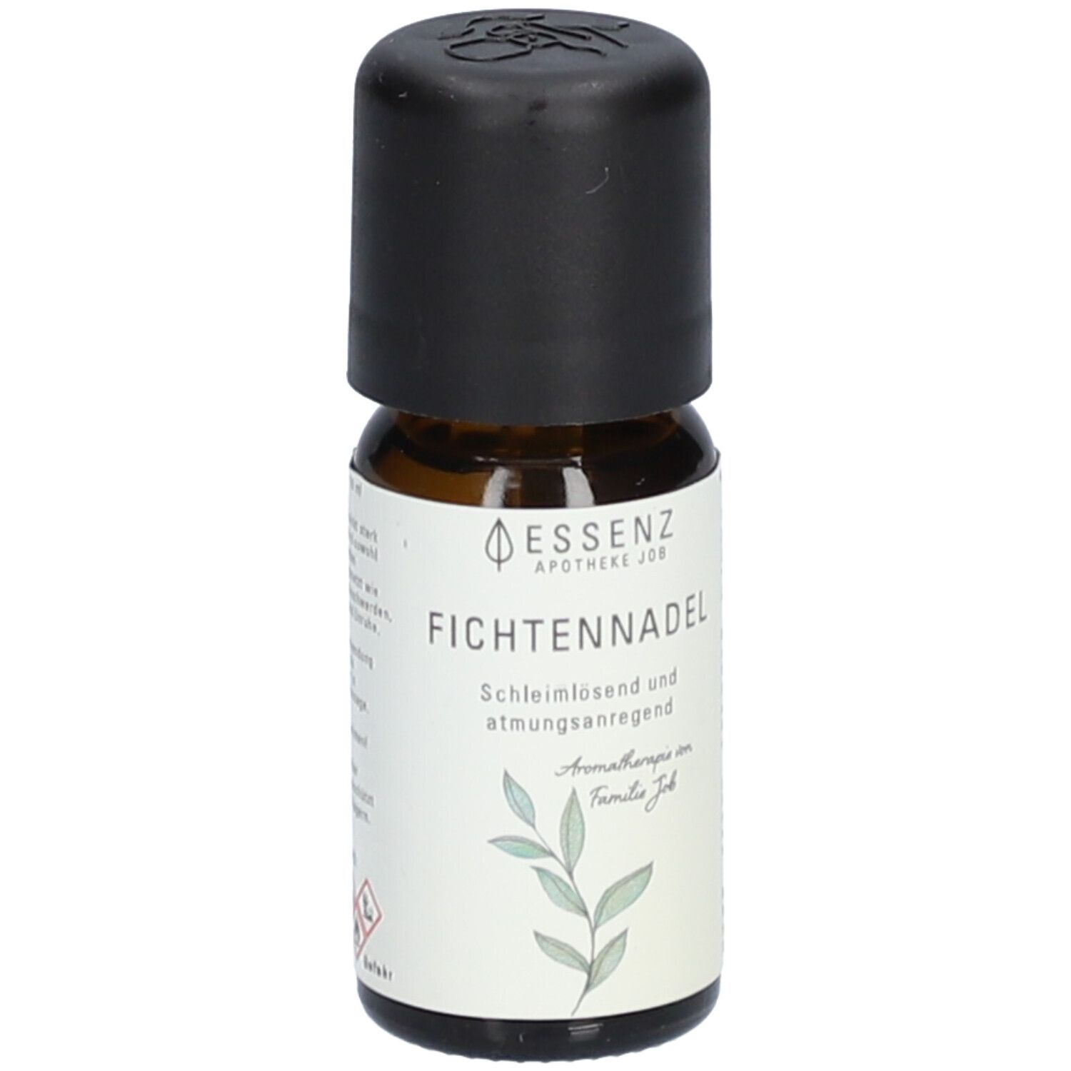 Flacon en verre brun avec bouchon noir. Étiquette avec nom du produit Fichtennadel et logo Essenz Apotheke Job.