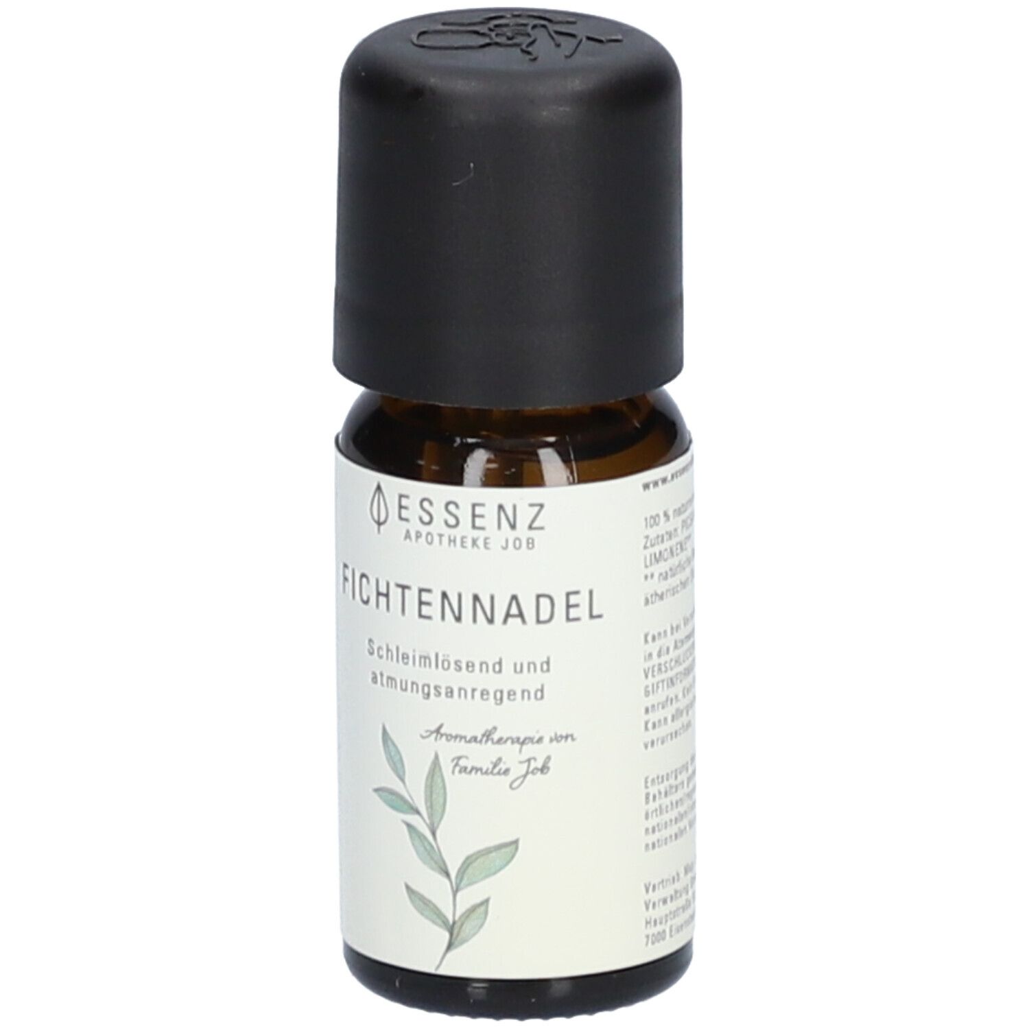 Flacon en verre brun avec bouchon noir. Étiquette avec nom du produit Fichtennadel et logo Essenz Apotheke Job.