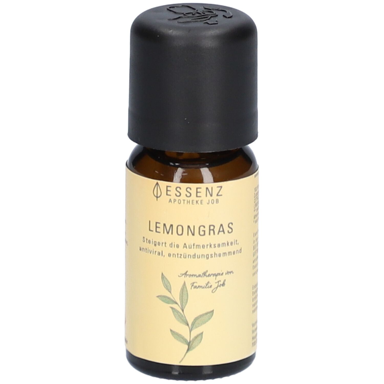 Braune Glasflasche mit schwarzem Deckel. Aufschrift: Essenz Apotheke Job Lemongras. Etikett mit Pflanzenmotiv.