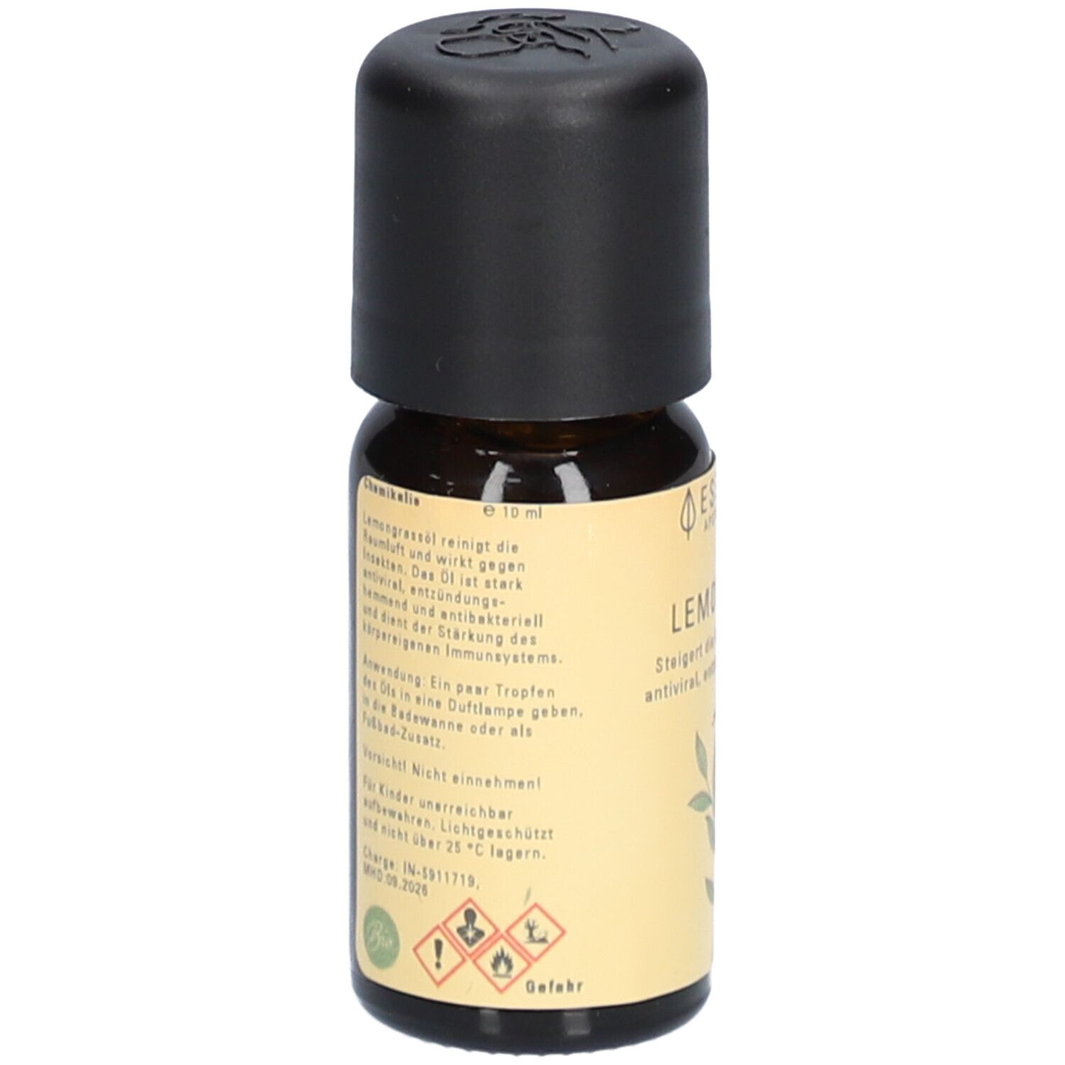 Braune Glasflasche mit schwarzem Deckel. Rückseite mit Text. Warnhinweise und Bio-Siegel.