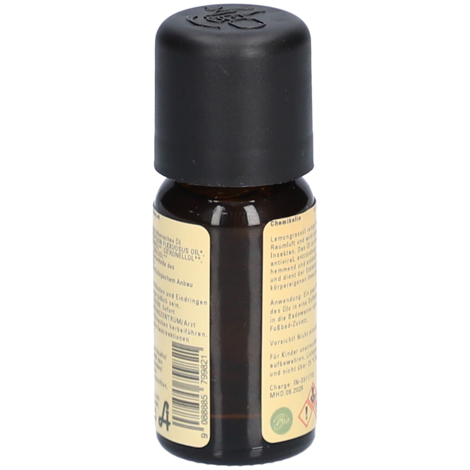 Braune Glasflasche mit schwarzem Deckel. Rückseite mit Text. Warnhinweise und Bio-Siegel.