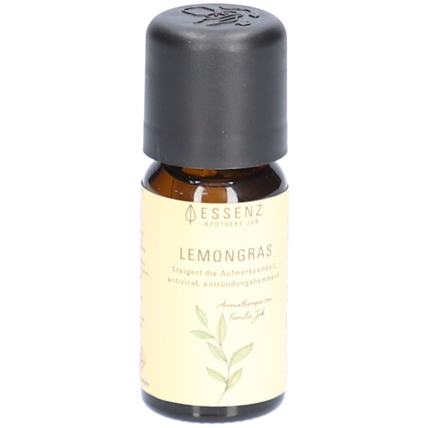 Braune Glasflasche mit schwarzem Deckel. Aufschrift: Essenz Apotheke Job Lemongras. Etikett mit Pflanzenmotiv.