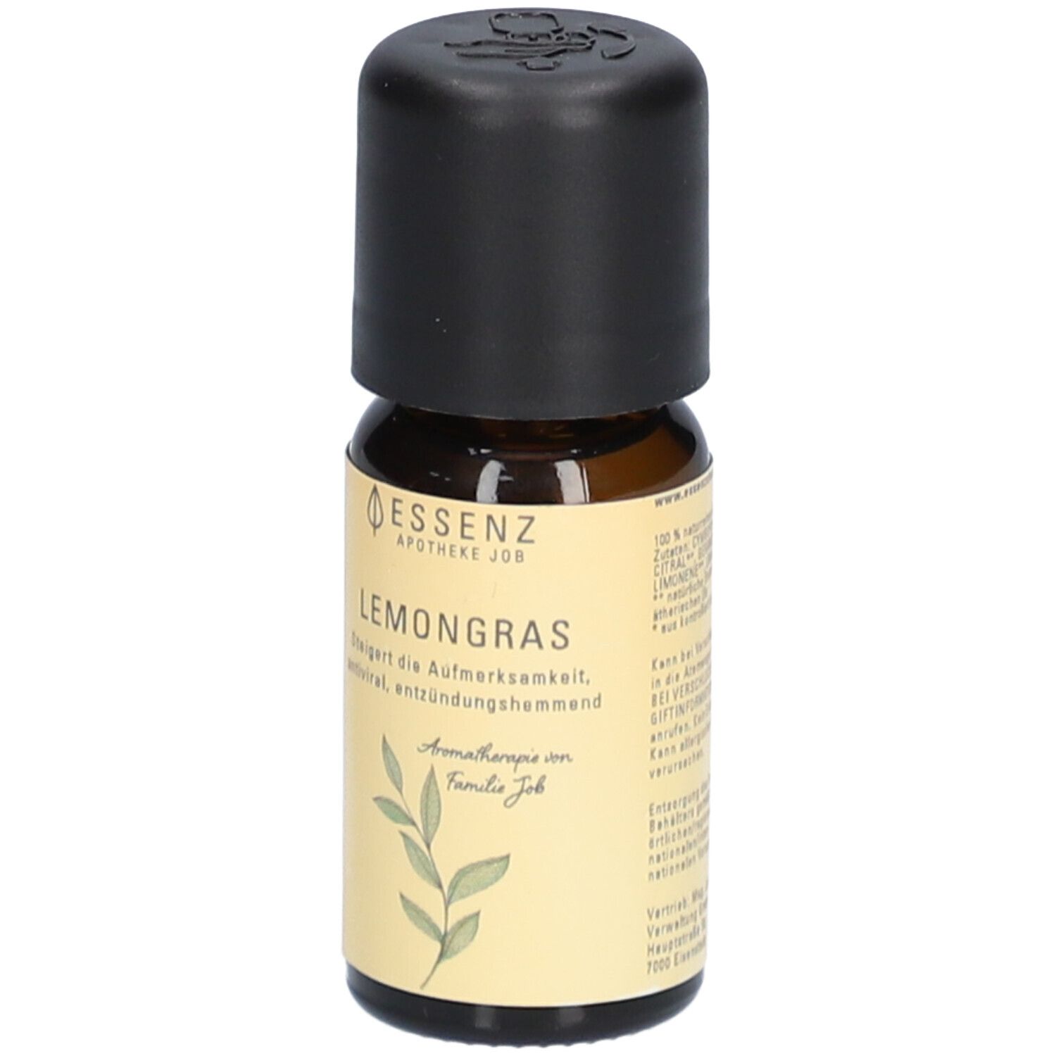 Braune Glasflasche mit schwarzem Deckel. Aufschrift: Essenz Apotheke Job Lemongras. Etikett mit Pflanzenmotiv.