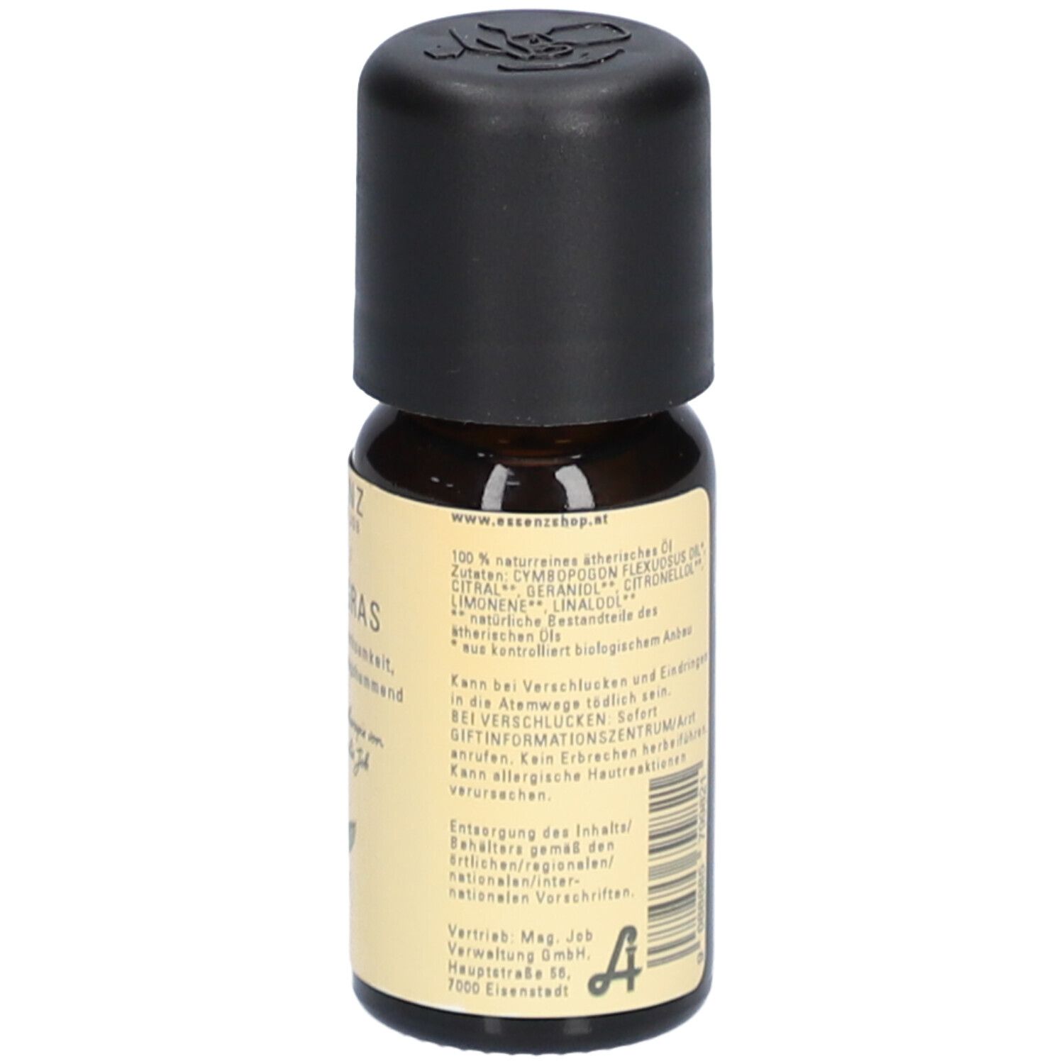 Braune Glasflasche mit schwarzem Deckel. Rückseite mit Text. Warnhinweise und Bio-Siegel.