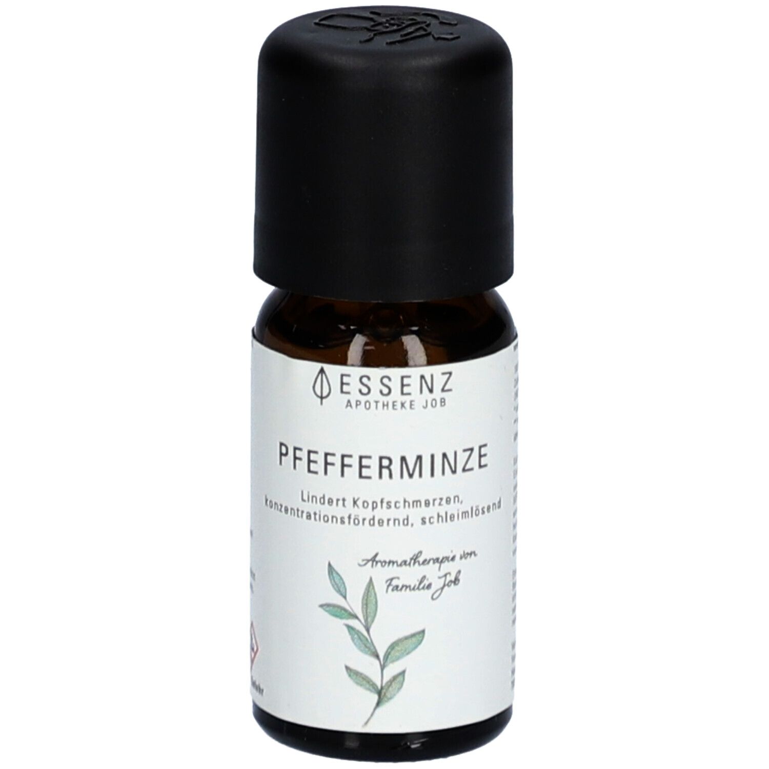 Flacon en verre brun avec bouchon noir. Inscription: Essenz Apotheke Job, Pfefferminze. Graphique de plante.