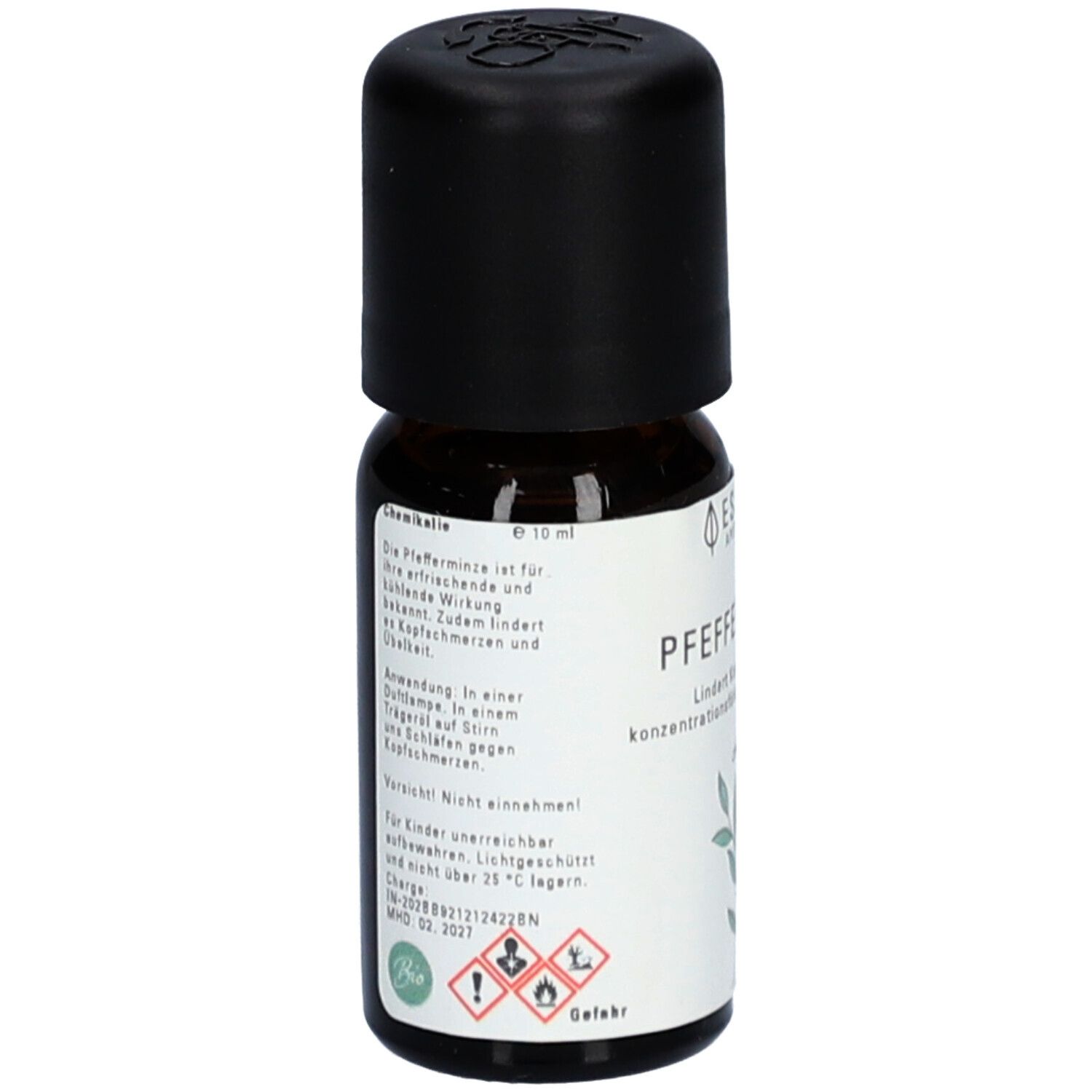 Flacon en verre brun avec bouchon noir. Inscription: Pfefferminze, texte. Symboles de danger. Étiquette avec texte.