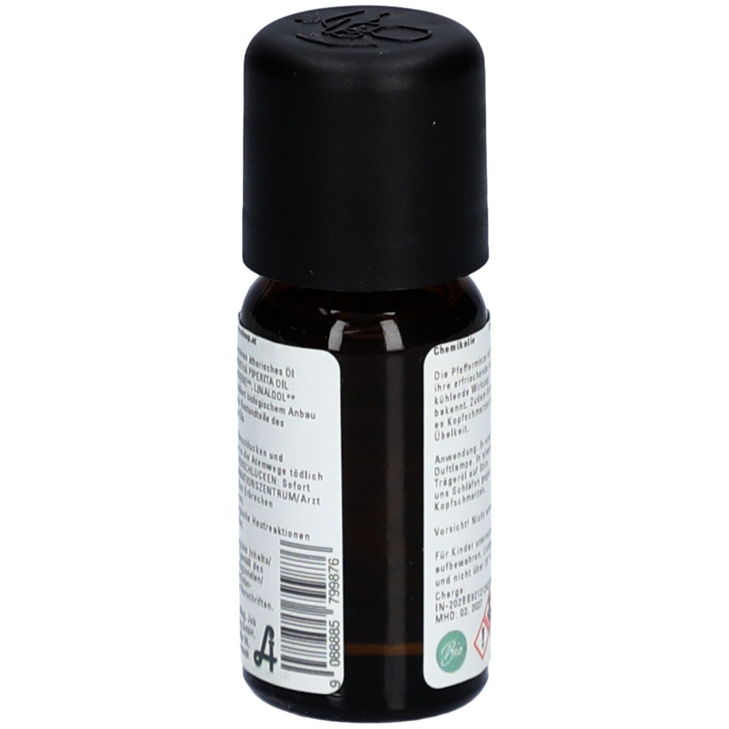 Flacon en verre brun avec bouchon noir. Étiquette avec texte et code-barres. Logo de pharmacie.