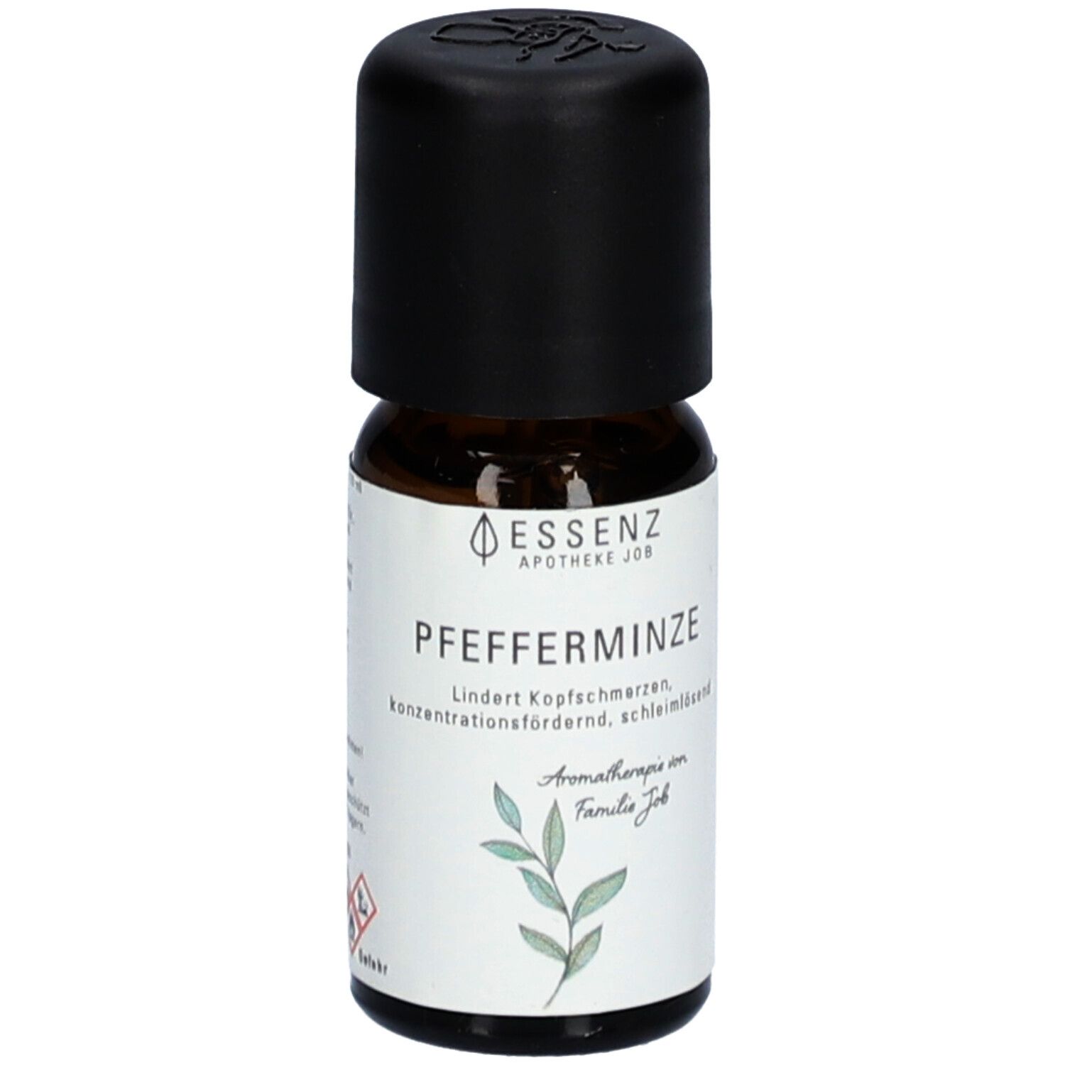 Flacon en verre brun avec bouchon noir. Inscription: Essenz Apotheke Job, Pfefferminze. Graphique de plante.