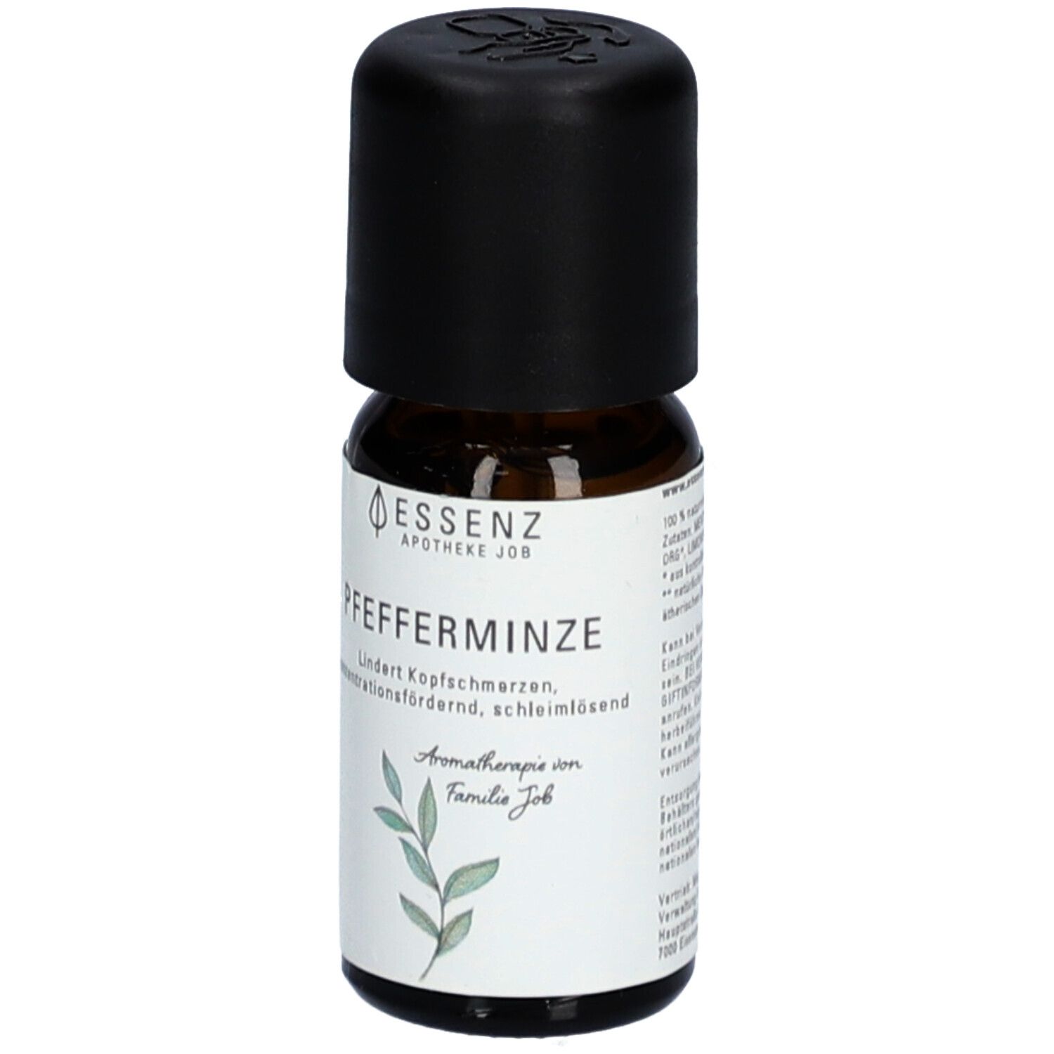 Flacon en verre brun avec bouchon noir. Inscription: Essenz Apotheke Job, Pfefferminze. Texte. Graphique de plante.