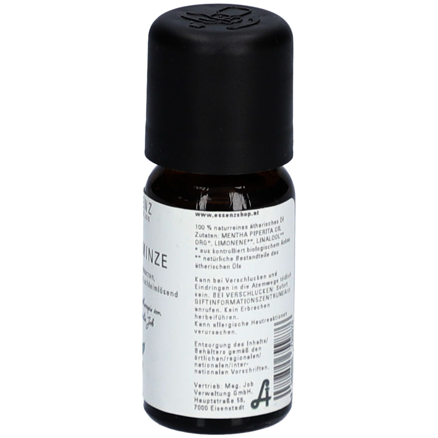 Flacon en verre brun avec bouchon noir. Étiquette avec texte. Logo de pharmacie. Adresse du site web.