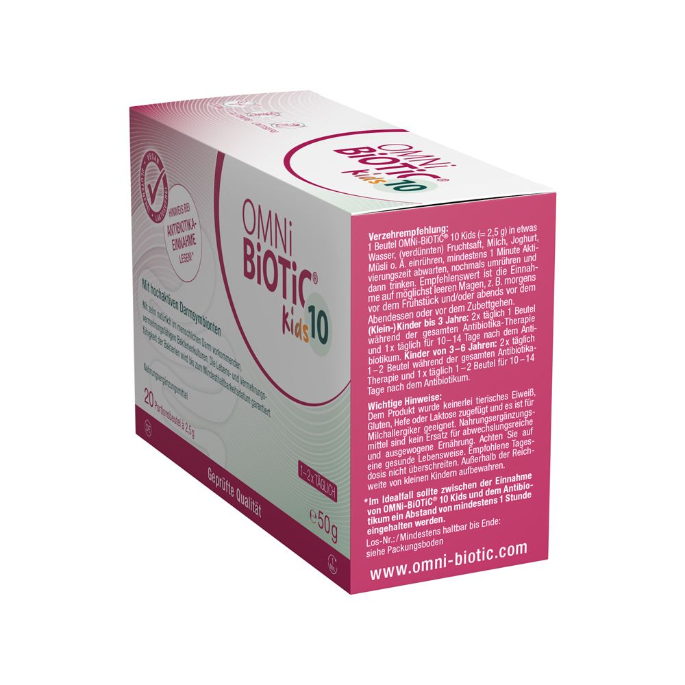 OMNI BiOTiC® 10 AAD Kids Karton, Rückseite mit Anwendungshinweisen und Produktinformationen.