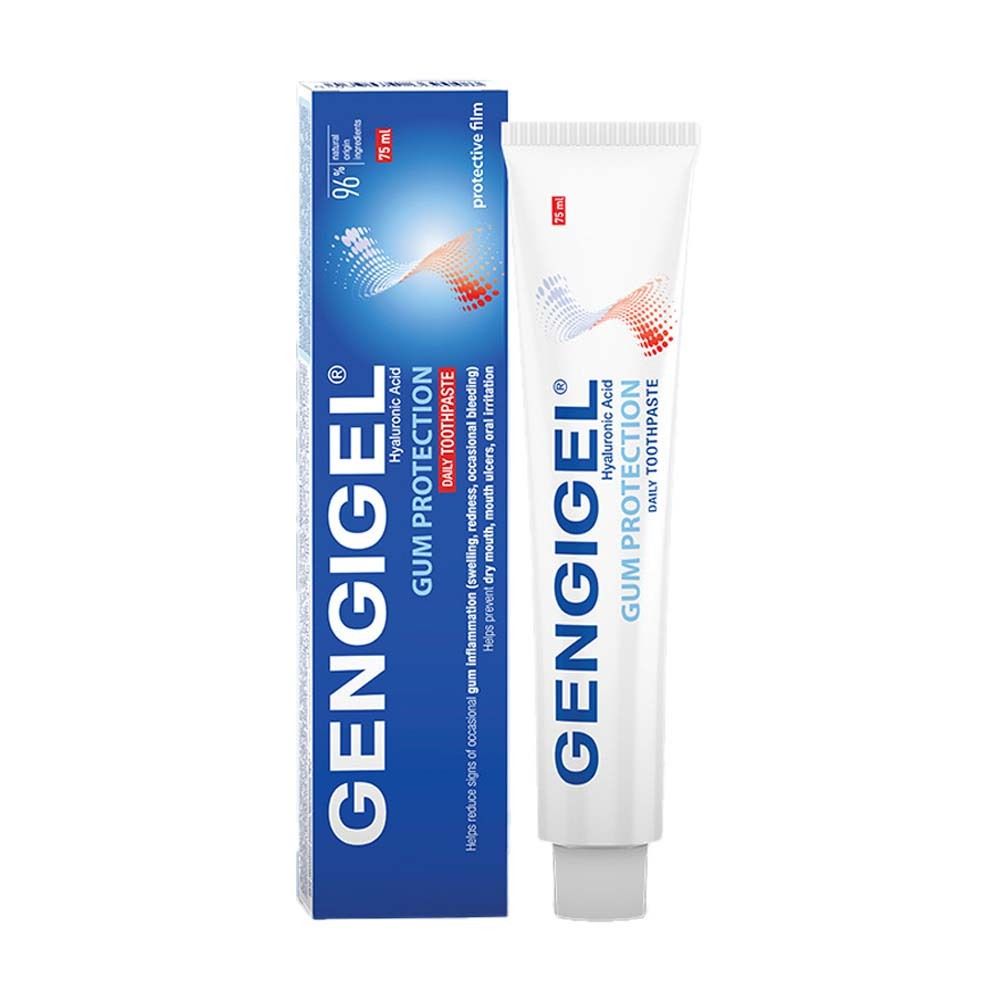 Tube et boîte de dentifrice. Tube blanc, boîte bleue. Inscription GENGIGEL® et Gum Protection.