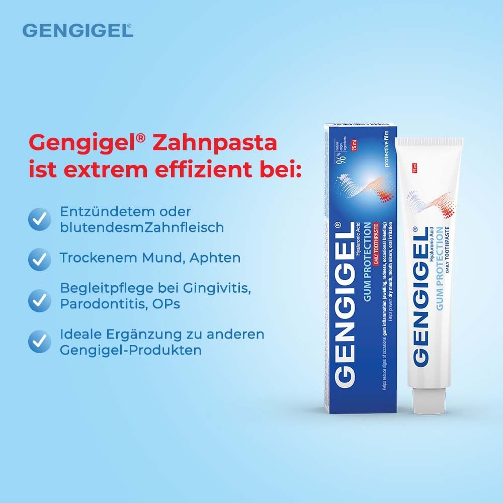 Tube et boîte de dentifrice. Texte : GENGIGEL® dentifrice est très efficace pour : inflammations, bouche sèche, etc.