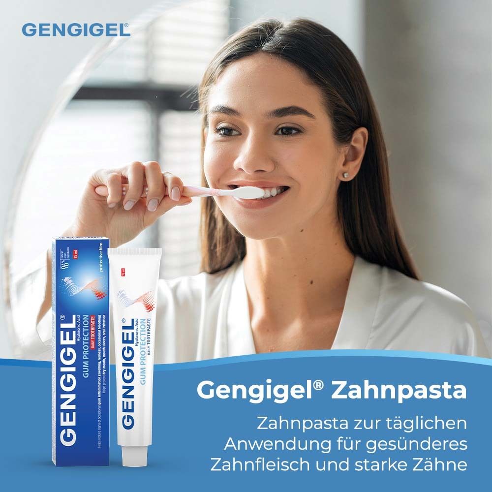 Femme se brosse les dents avec du dentifrice et une brosse à dents. Dentifrice et boîte à côté. Inscription GENGIGEL®.