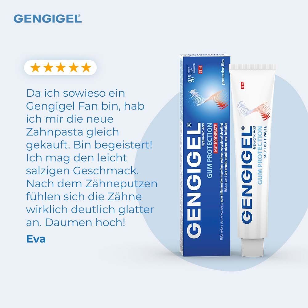 Tube et boîte de dentifrice. Texte : Avis client. Inscription GENGIGEL® Gum Protection.