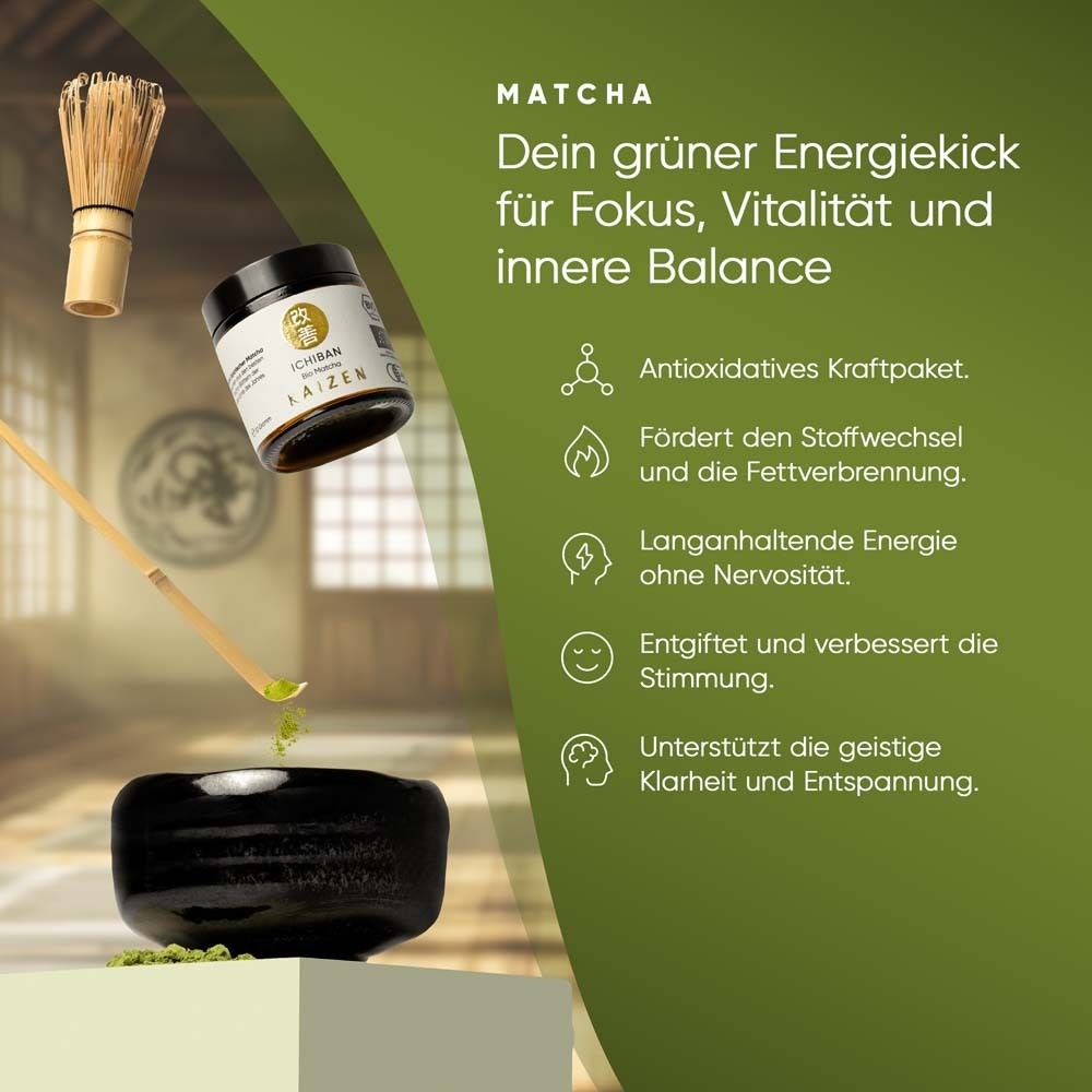 Poudre de matcha, fouet en bambou et bol. Texte : "Votre coup de pouce énergétique vert". Emballage du produit "ICHIBAN Bio Matcha".