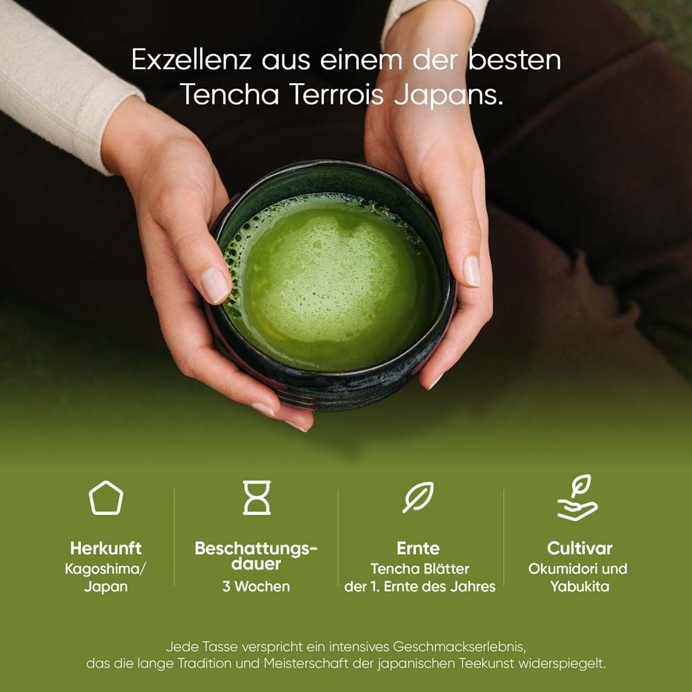 Mains tenant un bol de thé matcha. Texte : "Excellence issue de l'un des meilleurs terroirs de Tencha au Japon".
