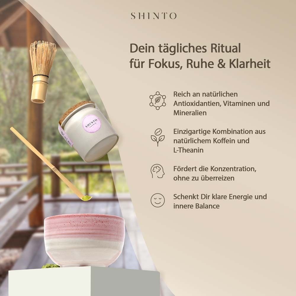 Matcha-Zubehör: Dose, Schale, Bambusbesen, Löffel. Text: "SHINTO".