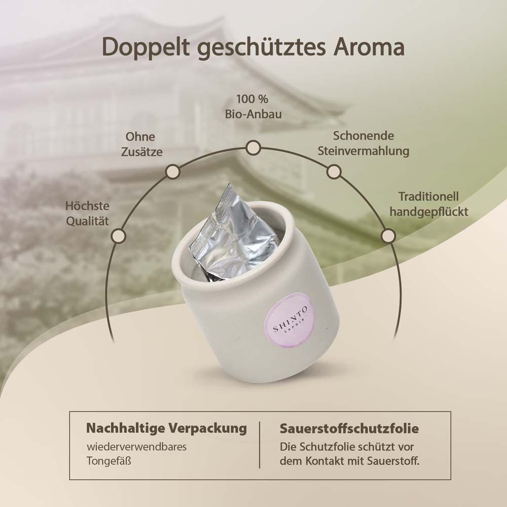 Keramikdose mit Korkdeckel. Text: "SHINTO Saphir". Text: "Doppelt geschütztes Aroma".