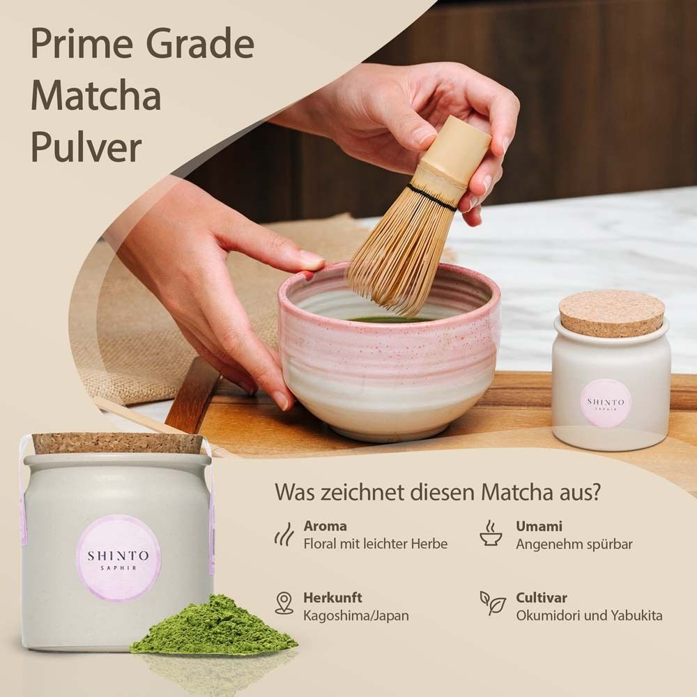 Matcha-Zubereitung: Dose, Schale, Besen, Pulver. Text: "SHINTO Saphir".