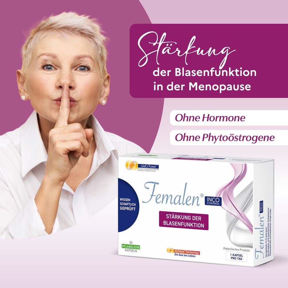 Frau mit Finger auf den Lippen neben Femalen IncoControl-Verpackung. Text: Stärkung der Blasenfunktion in der Menopause.