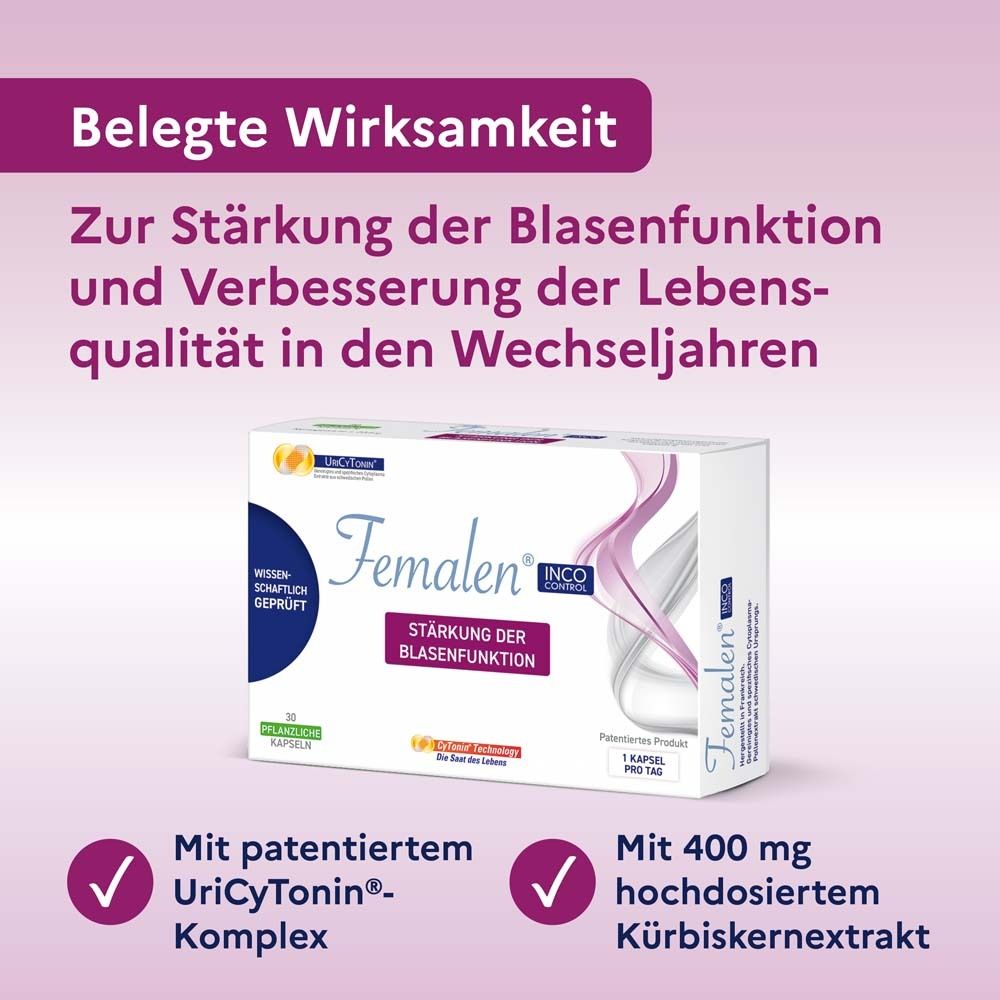 Femalen IncoControl-Verpackung. Text: Stärkung der Blasenfunktion. Mit patentiertem UriCyTonin-Komplex und Kürbiskernextrakt.