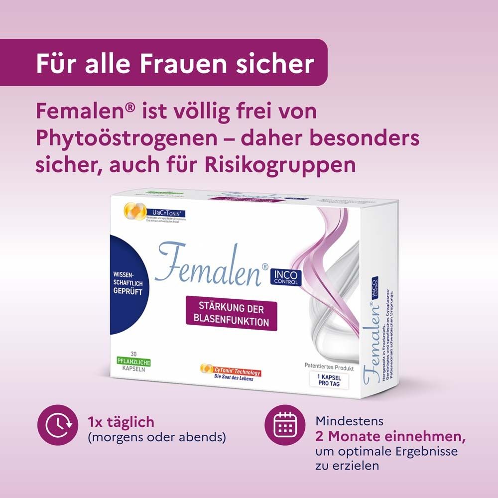 Femalen IncoControl-Verpackung. Text: Stärkung der Blasenfunktion. 1x täglich. Mindestens 2 Monate einnehmen.