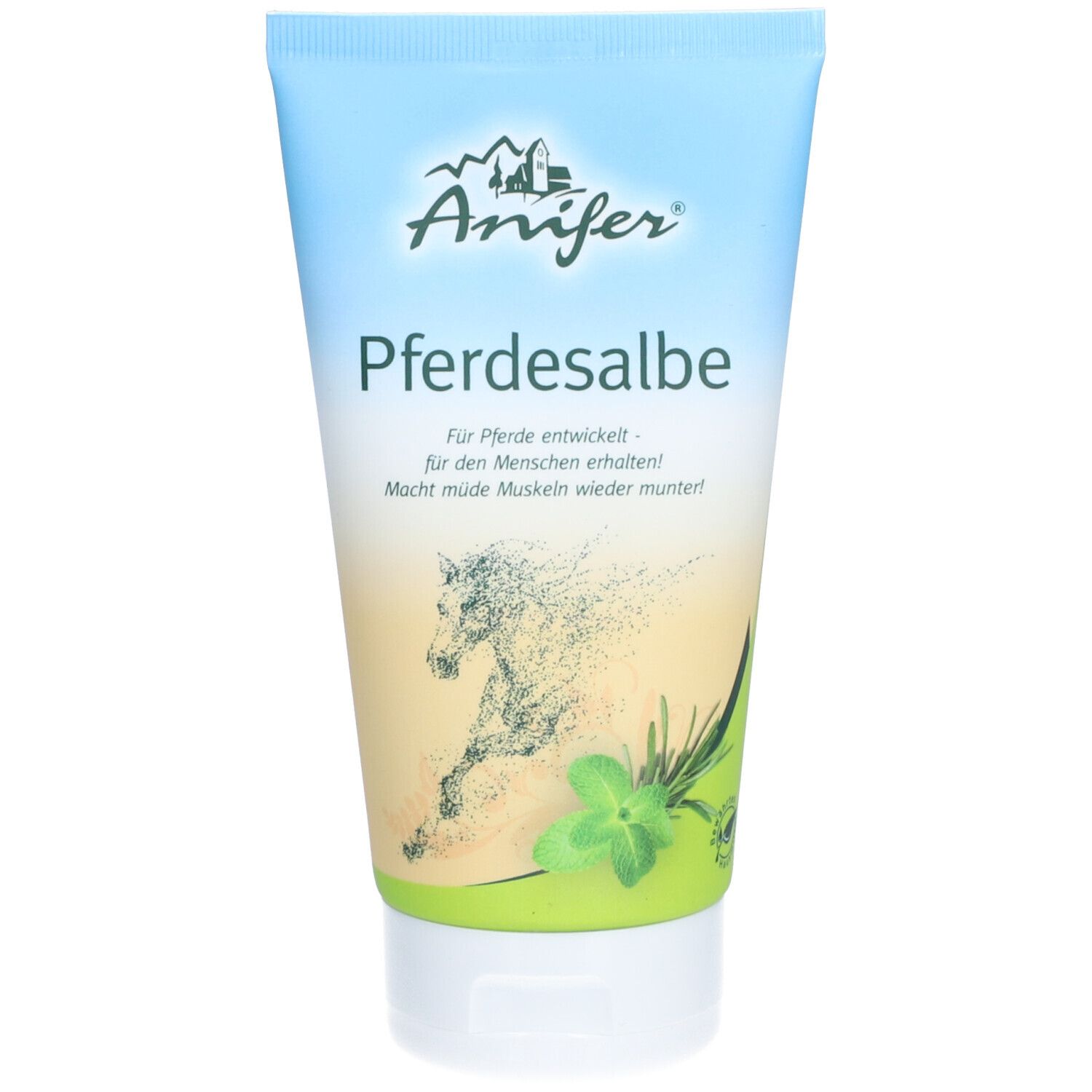 Tube de crème Anifer Pferdesalbe. Bouchon bleu clair, corps blanc. Logo et nom du produit. Illustration d'un cheval.