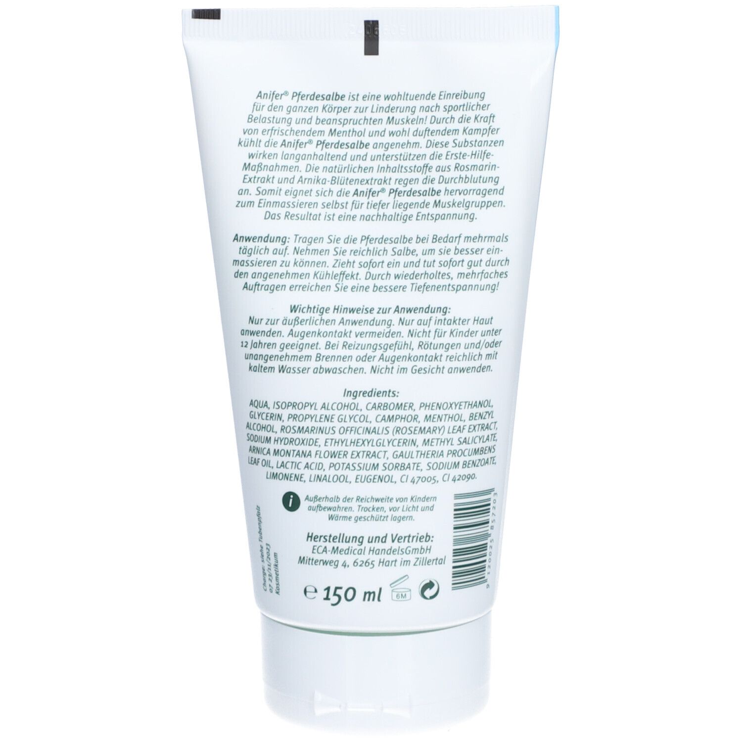 Dos du tube Anifer Pferdesalbe. Texte avec ingrédients et instructions d'utilisation. Volume : 150 ml.