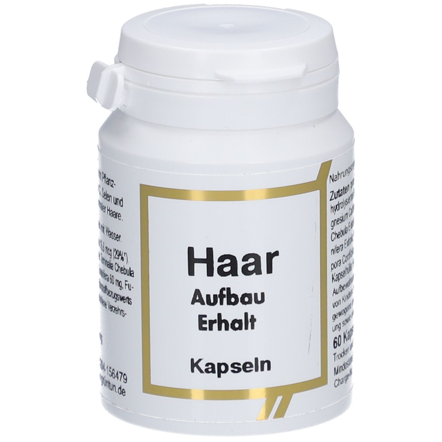 Weiße Kapsel-Dose mit Aufschrift 'Haar Aufbau Erhalt Kapseln'. Goldfarbener Rahmen.