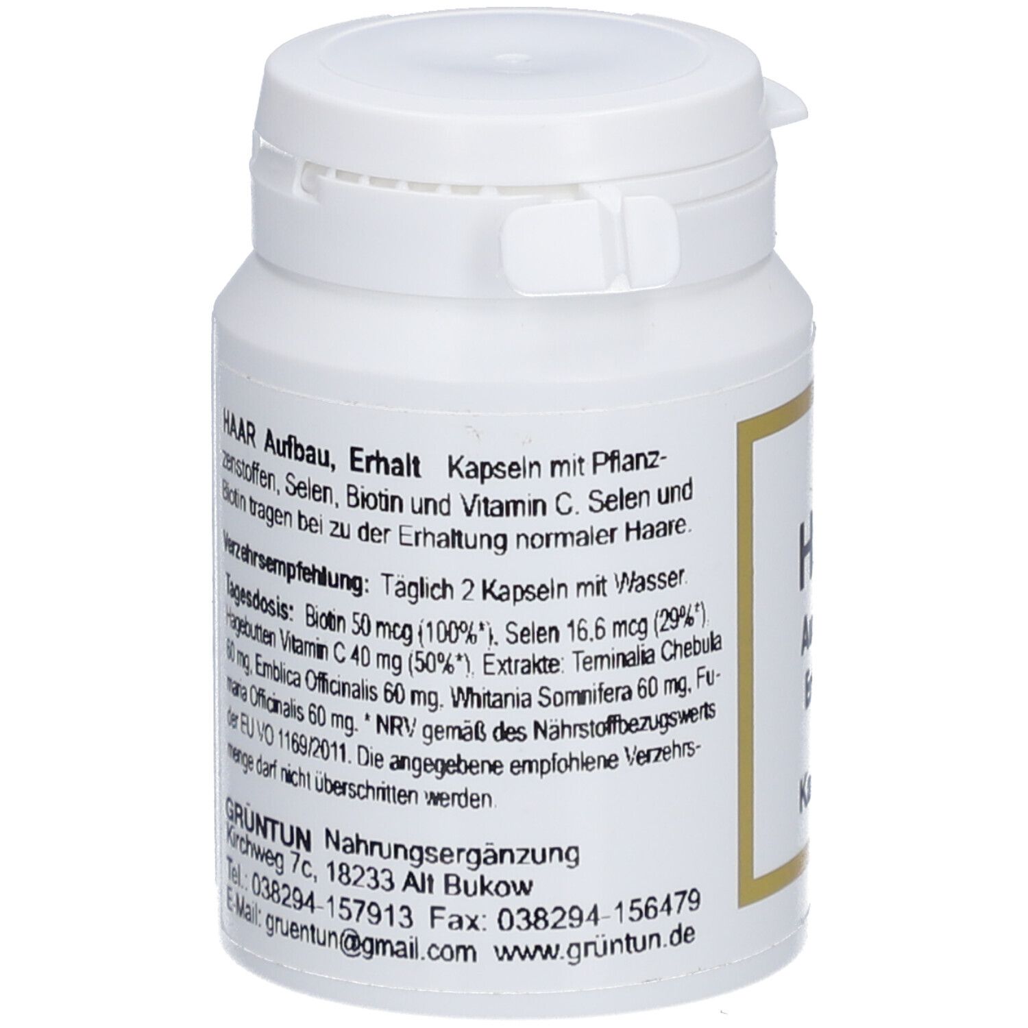 Weiße Kapsel-Dose. Aufschrift 'HAAR Aufbau, Erhalt'. Text mit Inhaltsstoffen und Dosierung.