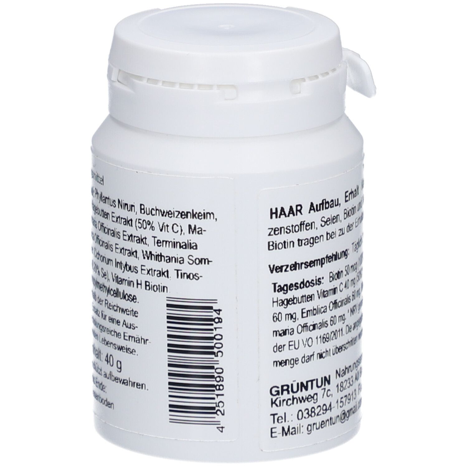Weiße Kapsel-Dose mit Text. Aufschrift 'HAAR Aufbau, Erhalt'. Enthält 40g.